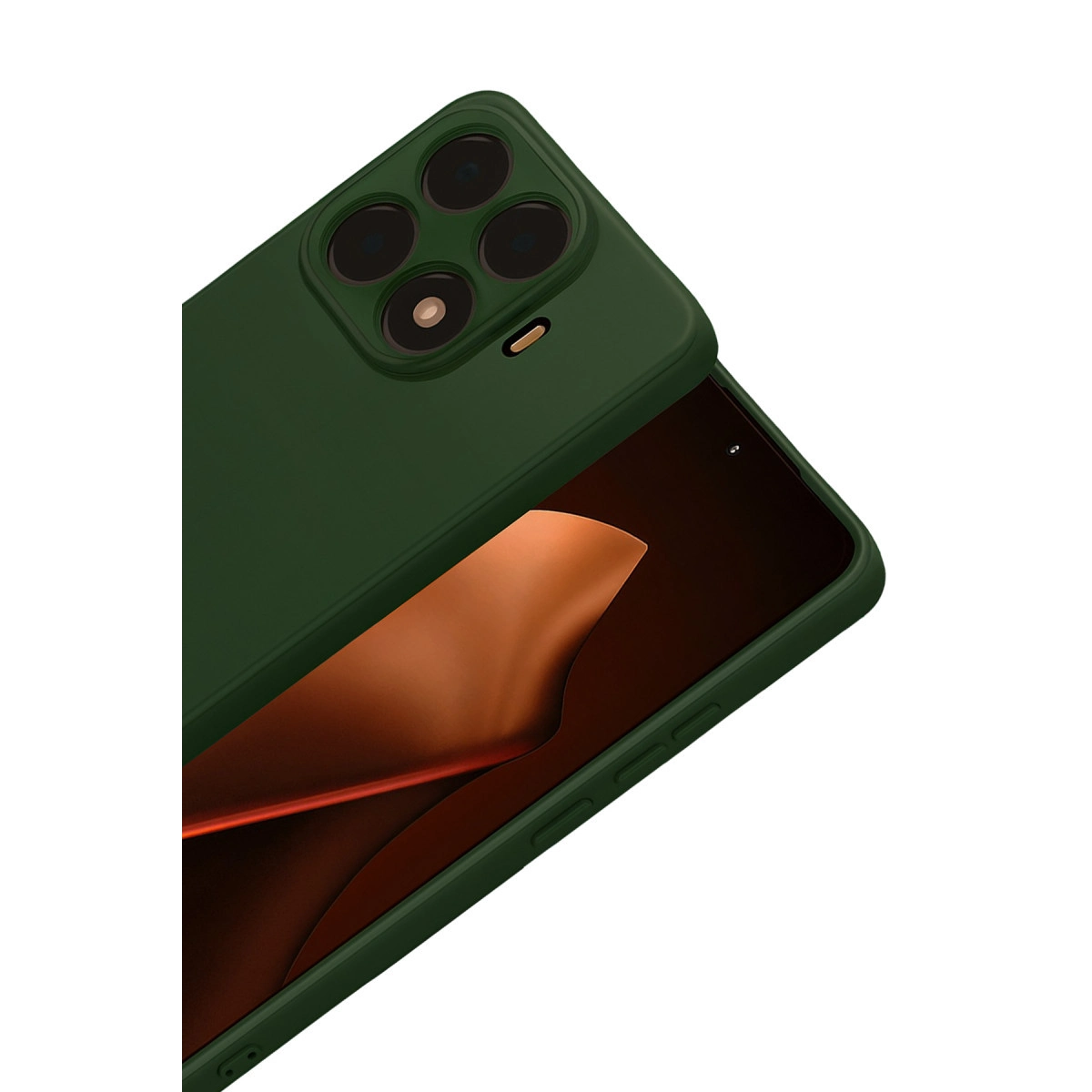 Dört kameralı ve flaşlı koyu yeşil telefon kılıfı, beyaz arka plan üzerinde.