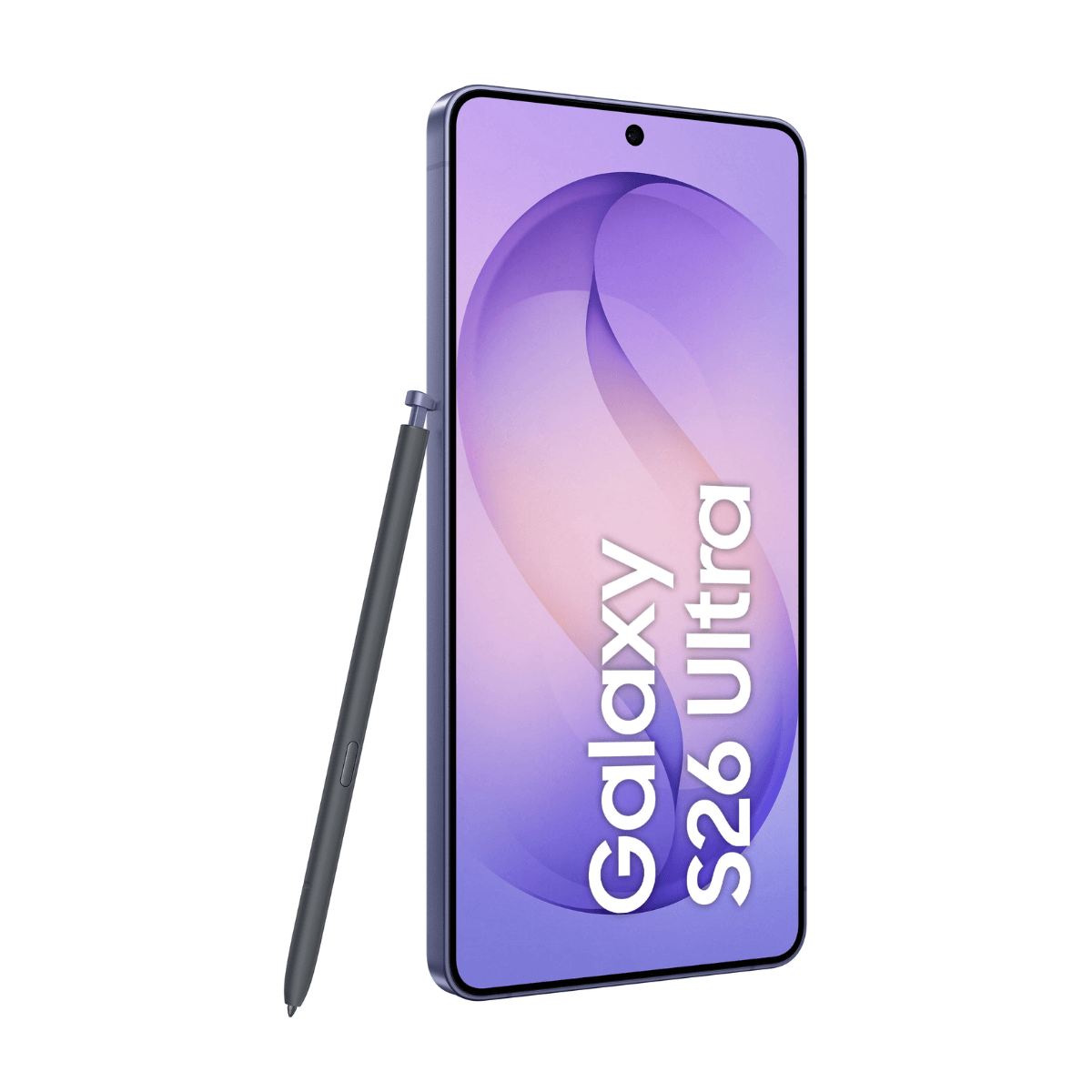 Ein grauer Stift ruht auf einem violetten Smartphone mit „Galaxy S26 Ultra“ auf dem Bildschirm.