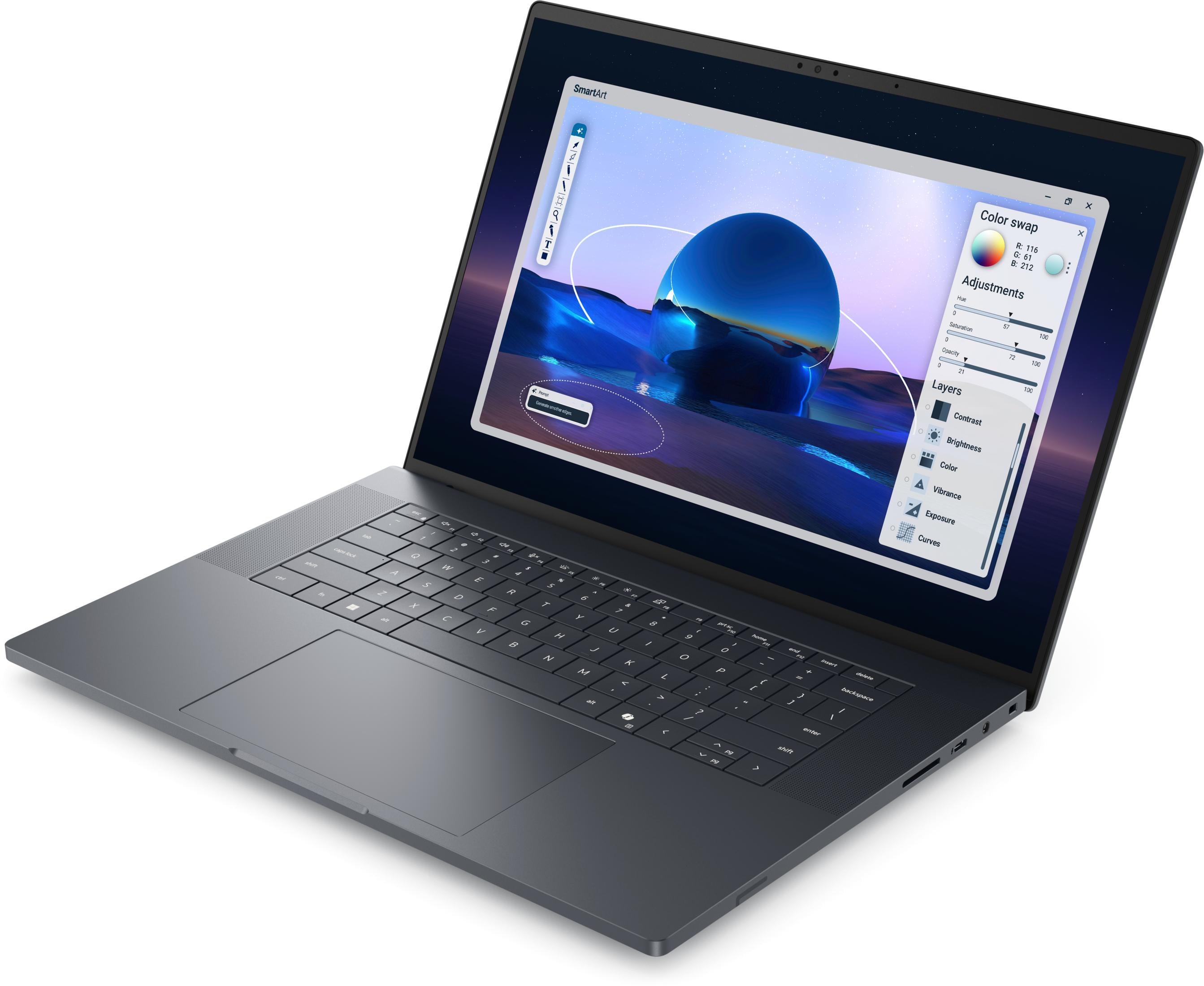 Ein dunkler Laptop mit einem geöffneten Bildbearbeitungsprogramm auf dem Bildschirm.