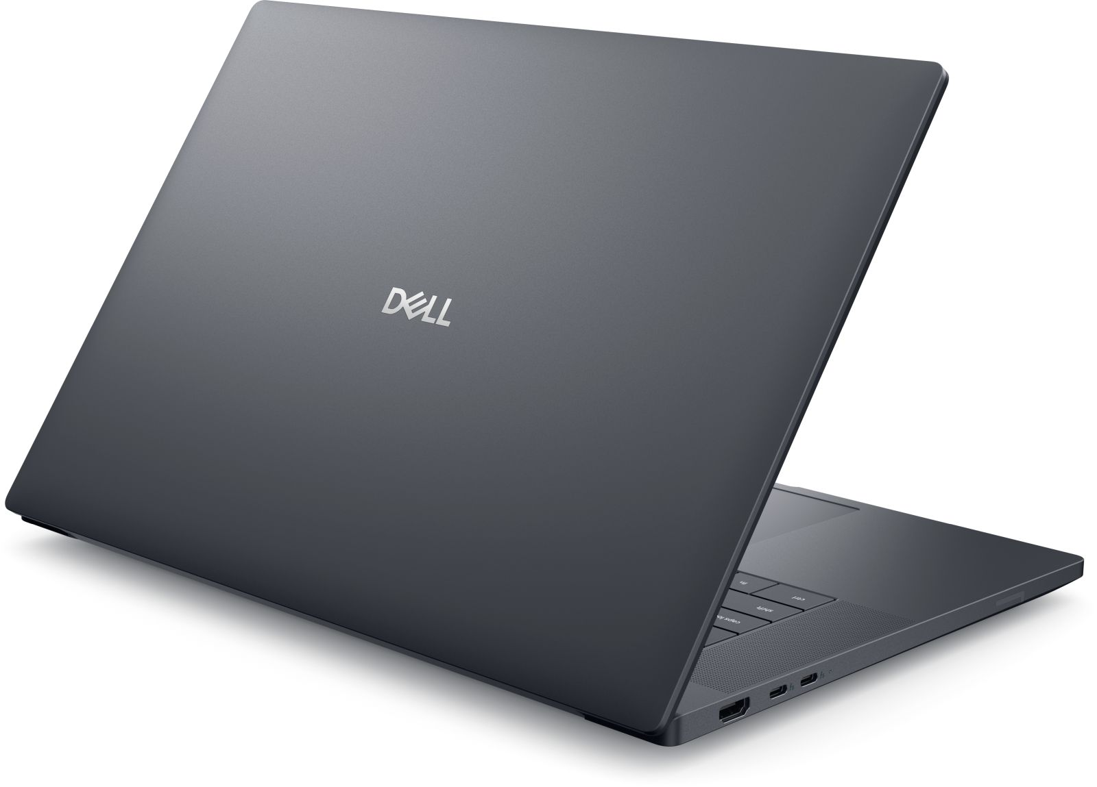Ein geschlossener grauer Dell Laptop mit dem Logo auf dem Deckel, auf weißem Hintergrund.