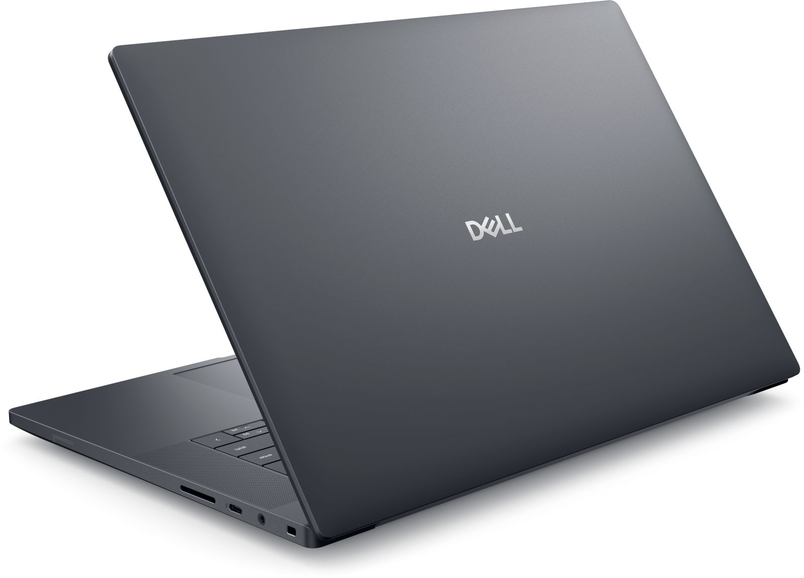 Ein graues Dell-Laptop ist geöffnet und zeigt die Tastatur und Anschlüsse.