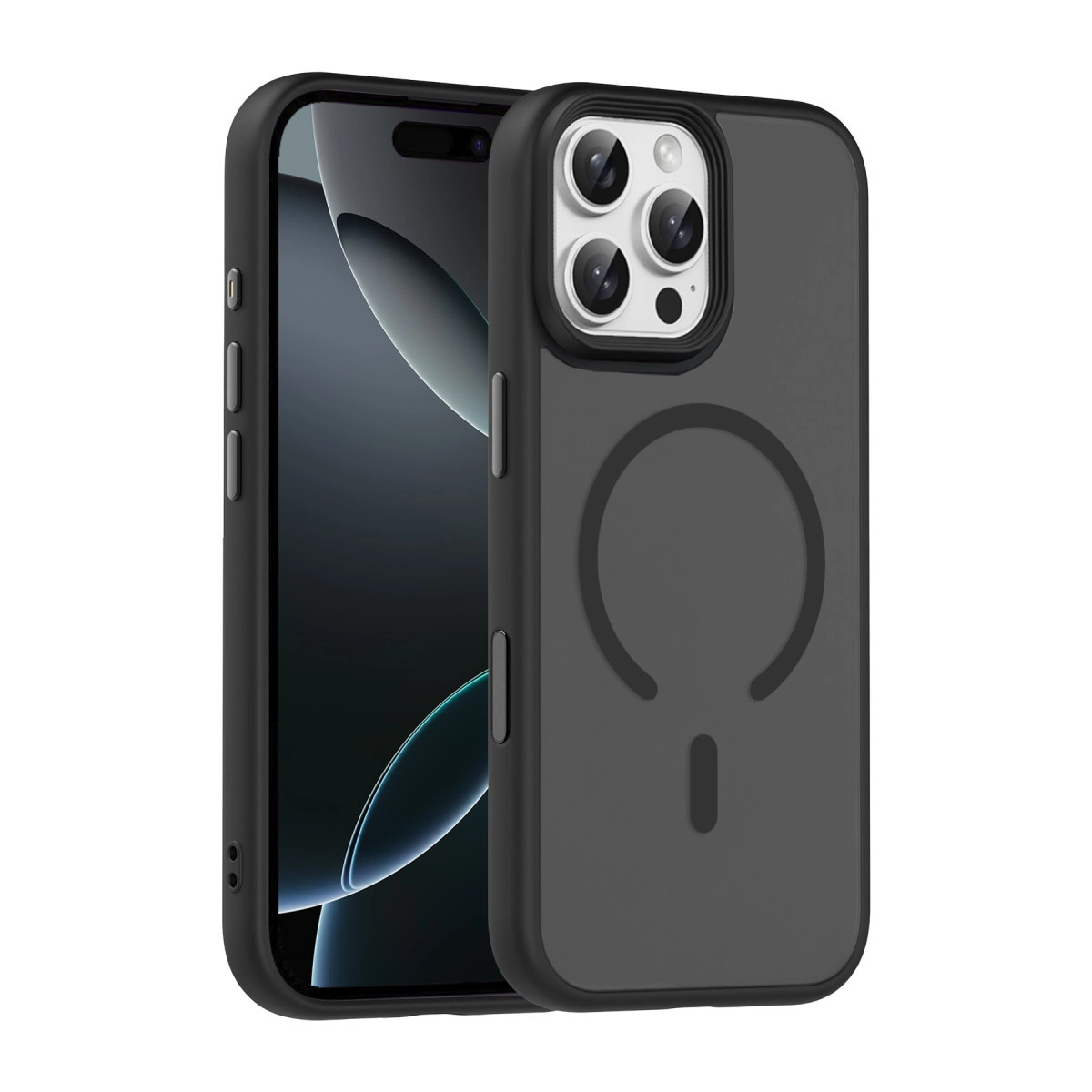 Beyaz arka plan üzerinde üçlü kamera ve siyah kılıflı siyah telefon.