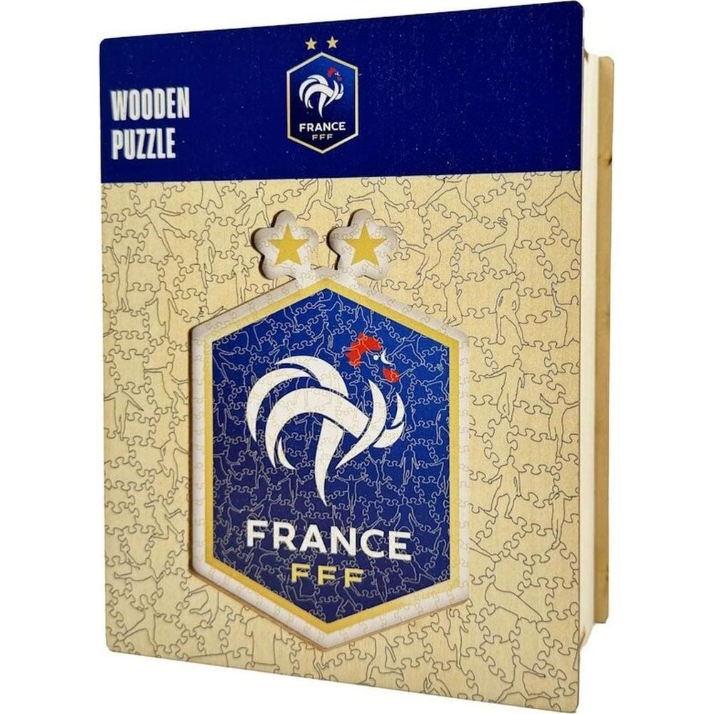 Holzpuzzle mit dem Emblem von Frankreich FFF und zwei Sternen auf blauem Hintergrund.