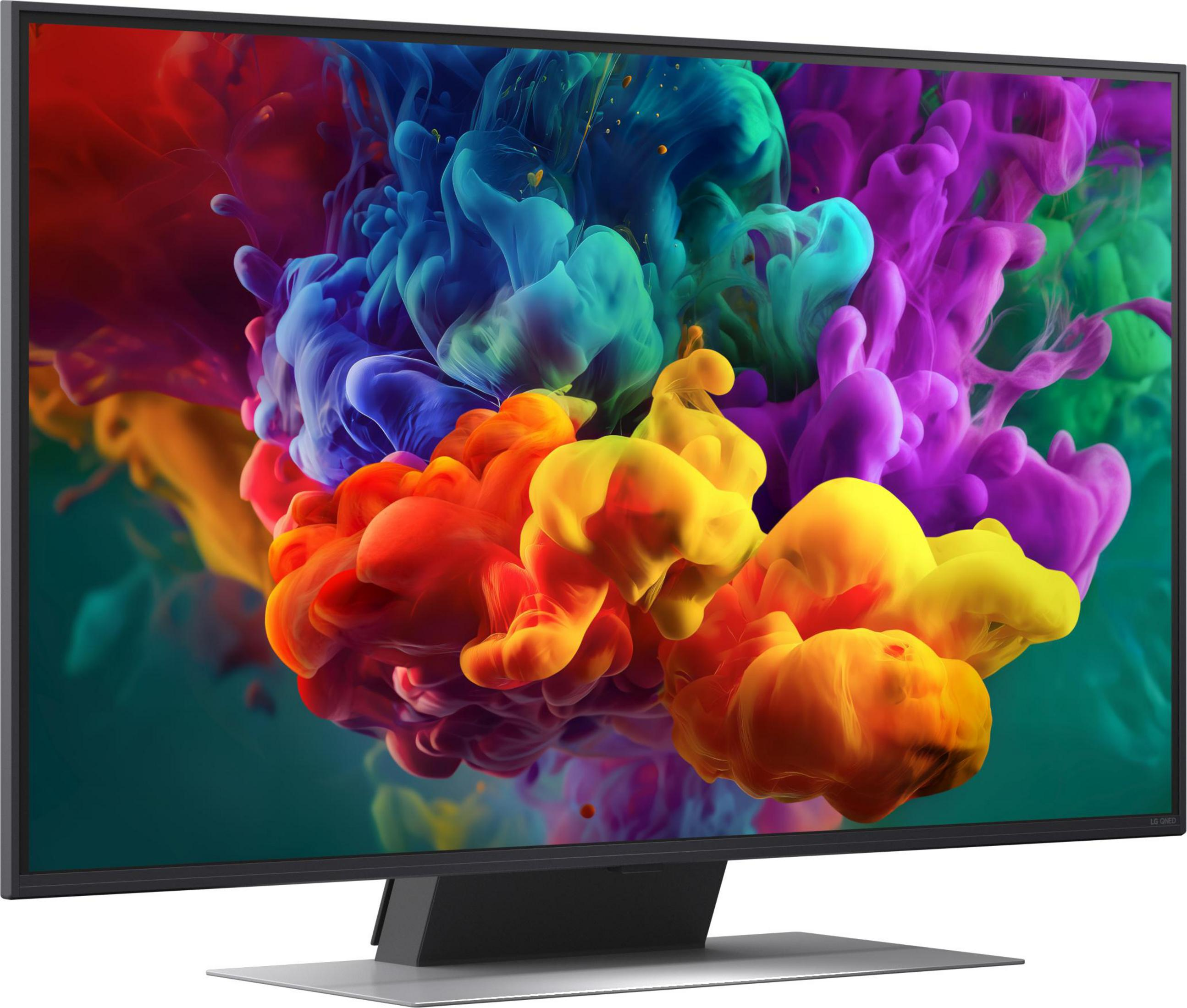 Una TV moderna mostra vibranti colori astratti simili al fumo.