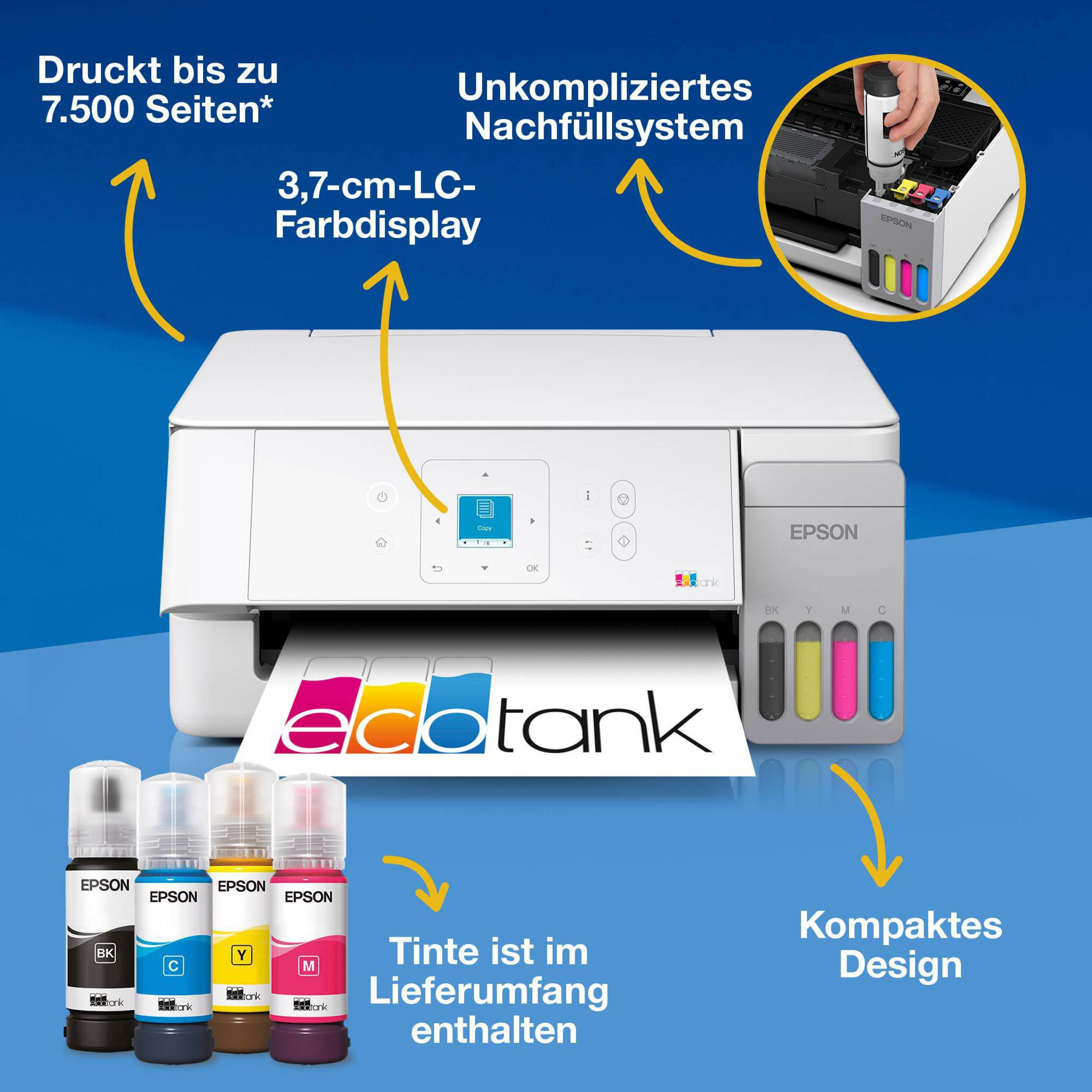 Epson EcoTank Drucker mit Tintenflaschen, Farbdisplay und Nachfüllsystem.