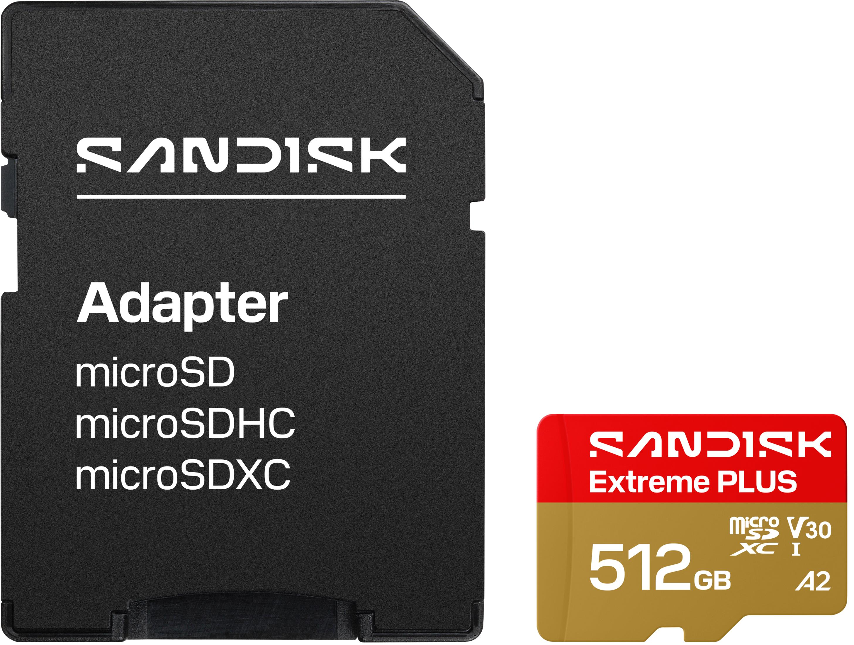 Adattatore Sandisk e scheda di memoria microSDXC da 512 GB.
