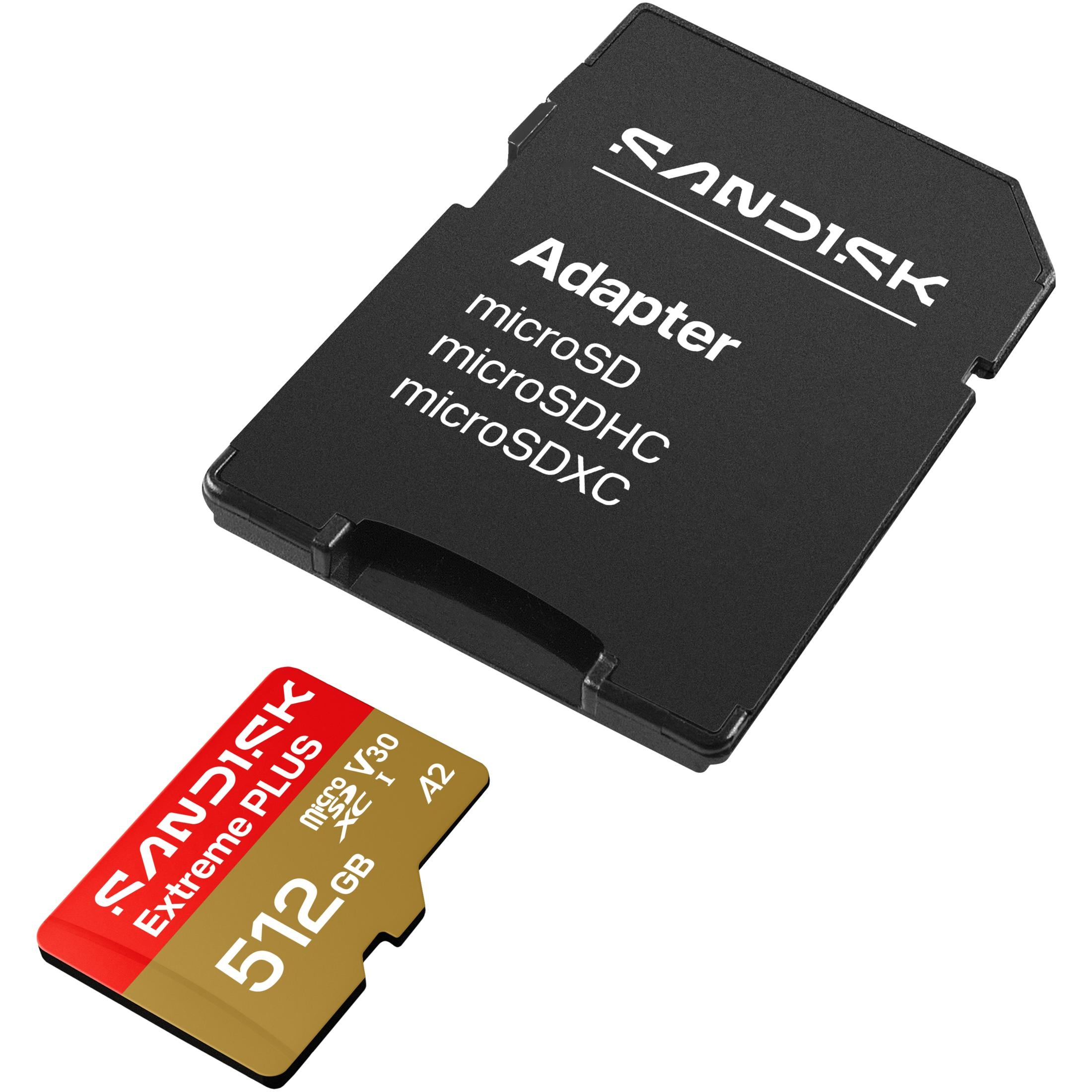 Scheda microSD Sandisk Extreme Plus da 512 GB e adattatore con testo.