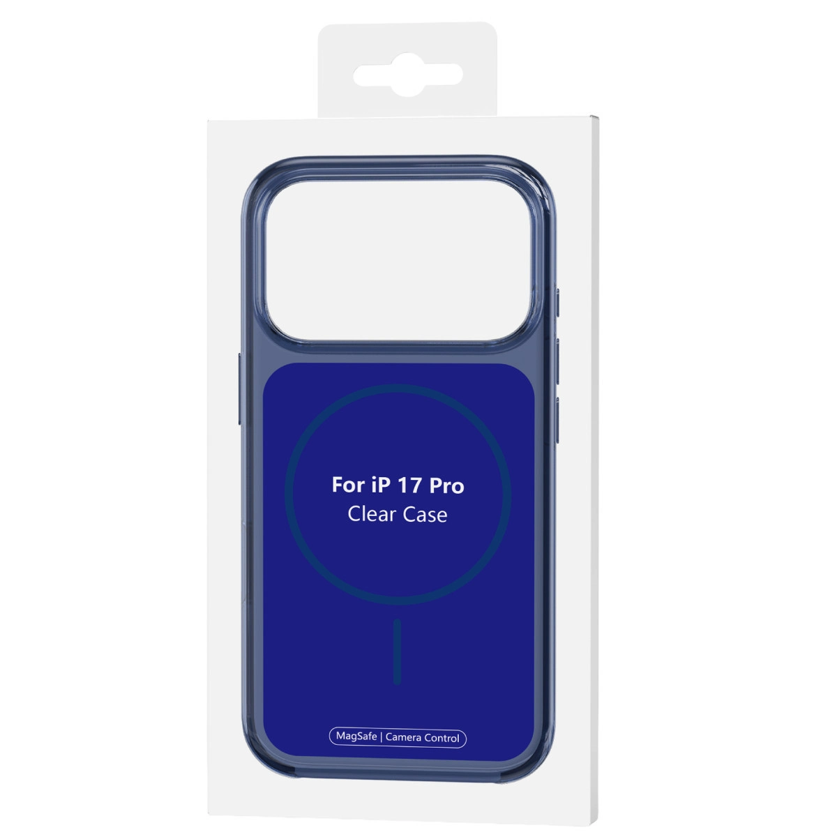 MagSafe özellikli iPhone 17 Pro şeffaf kılıf, beyaz kutu üzerinde.