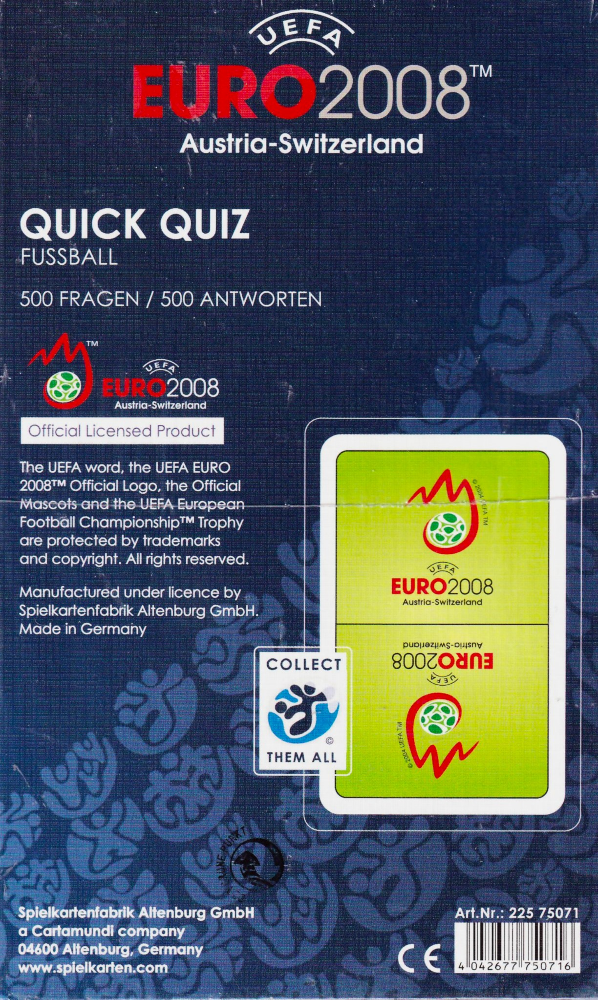 UEFA EURO 2008 Quick Quiz Fußball Spielkarte. Vorderseite mit Logo, Rückseite mit Sammelhinweis.