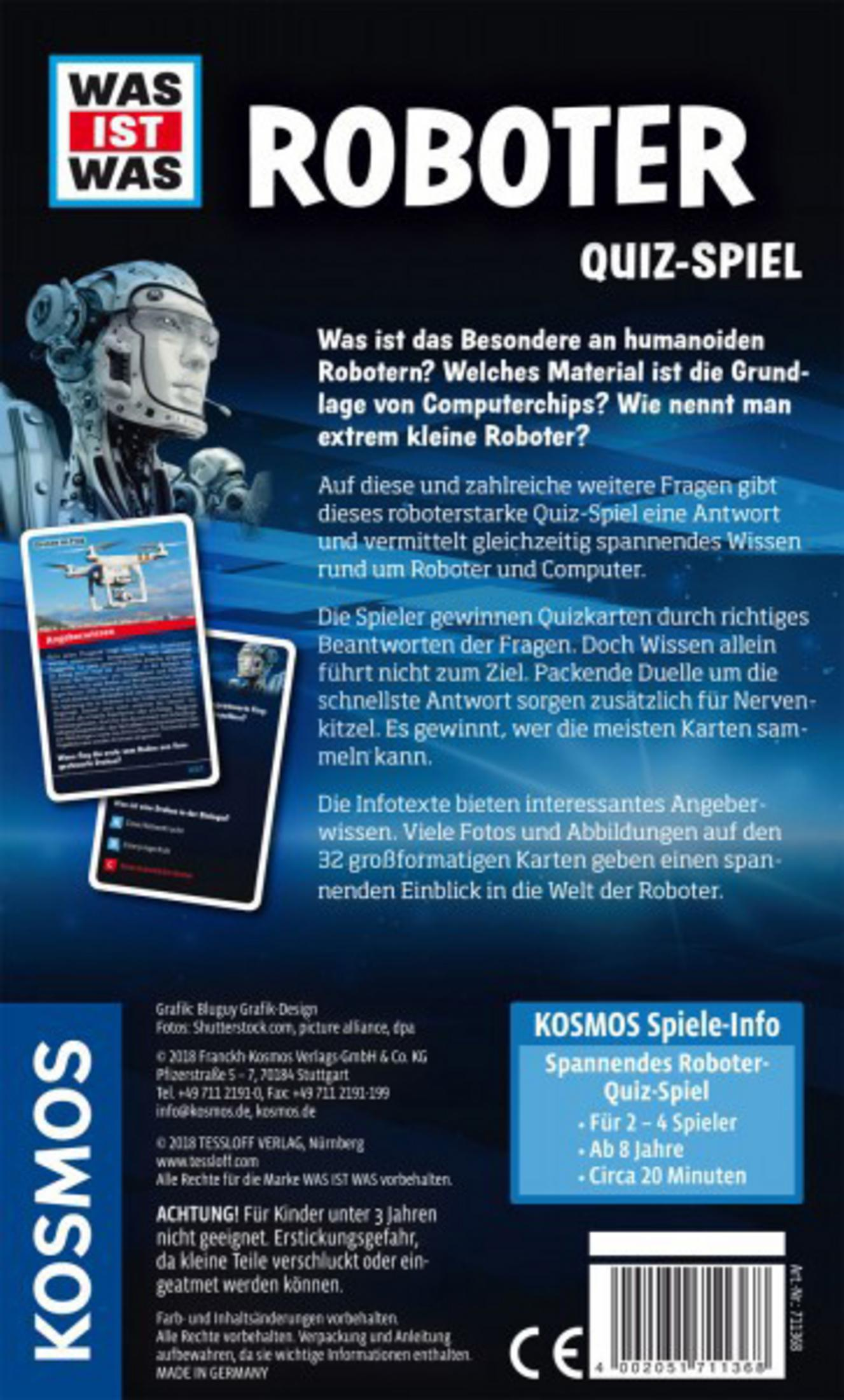 Rückseite eines "WAS IST WAS ROBOTER QUIZ-SPIEL" Kartons mit Roboterbild.