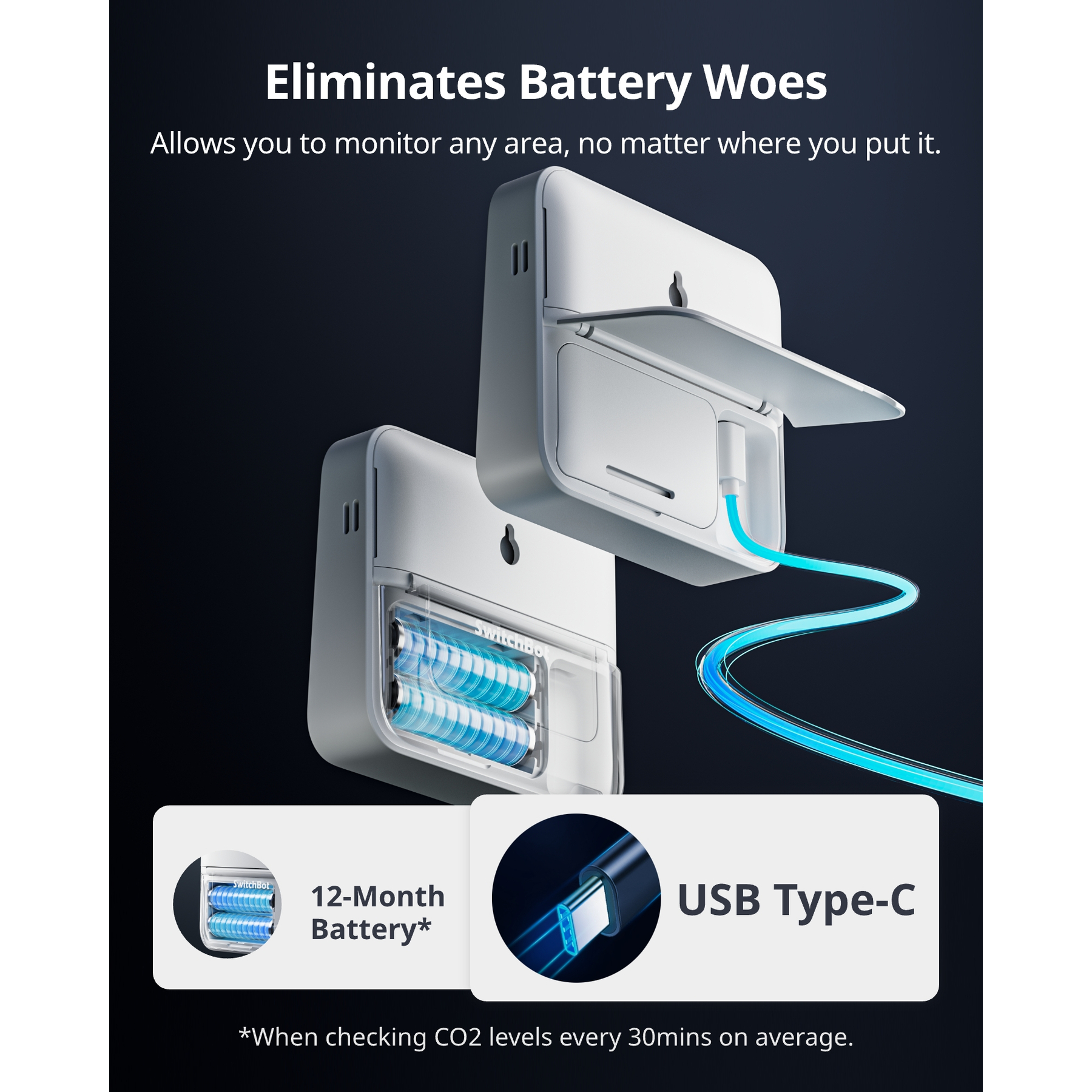 Ein weißes Gerät zeigt Batterien und USB-C. Über 12 Monate Batterielaufzeit.