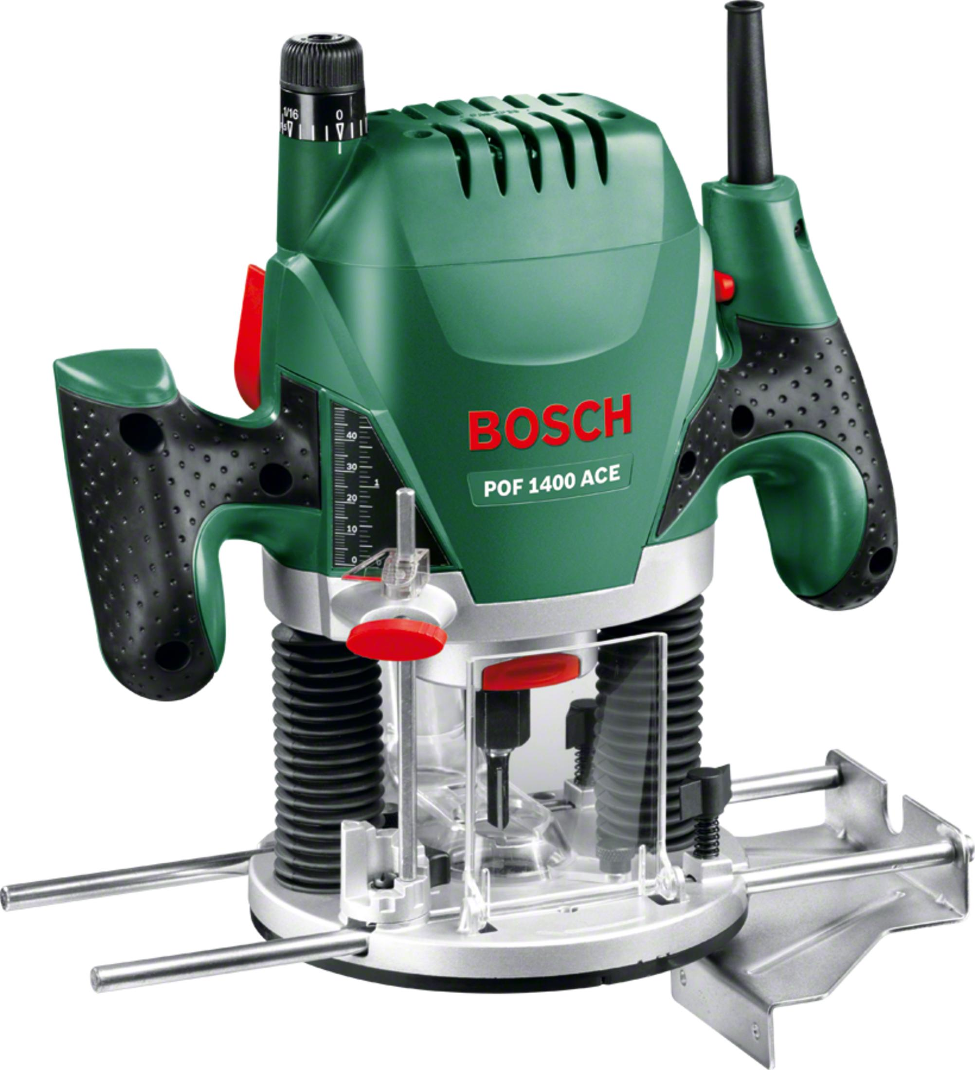 Fresatrice Bosch POF 1400 ACE verde con impugnatura nera e base metallica.