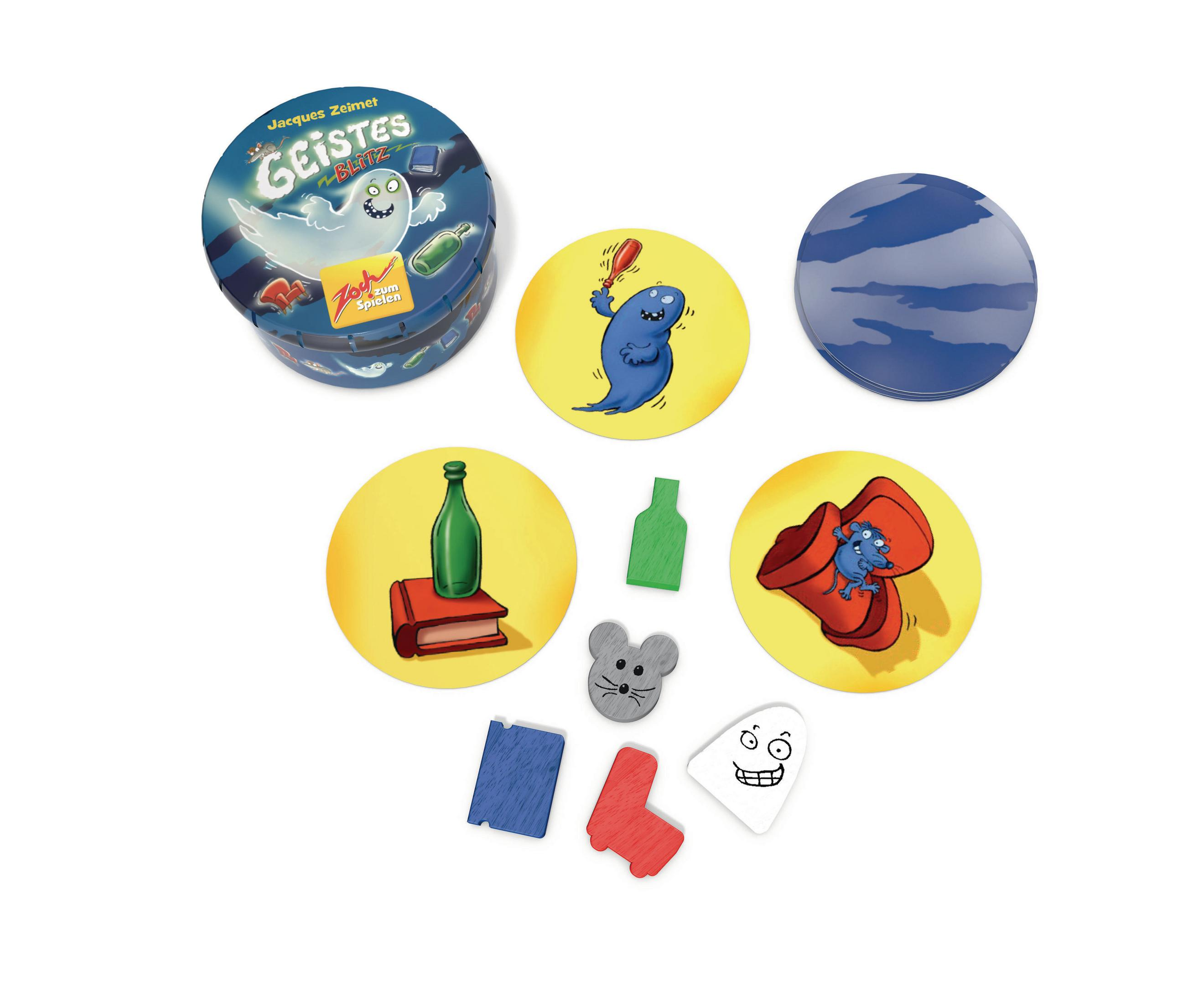 Spielkomponenten: Geistes Blitz Spielschachtel, blaue Kreatur mit Schläger, blauer Planet, grünes Fläschchen, Mausfigur, rote Figur.