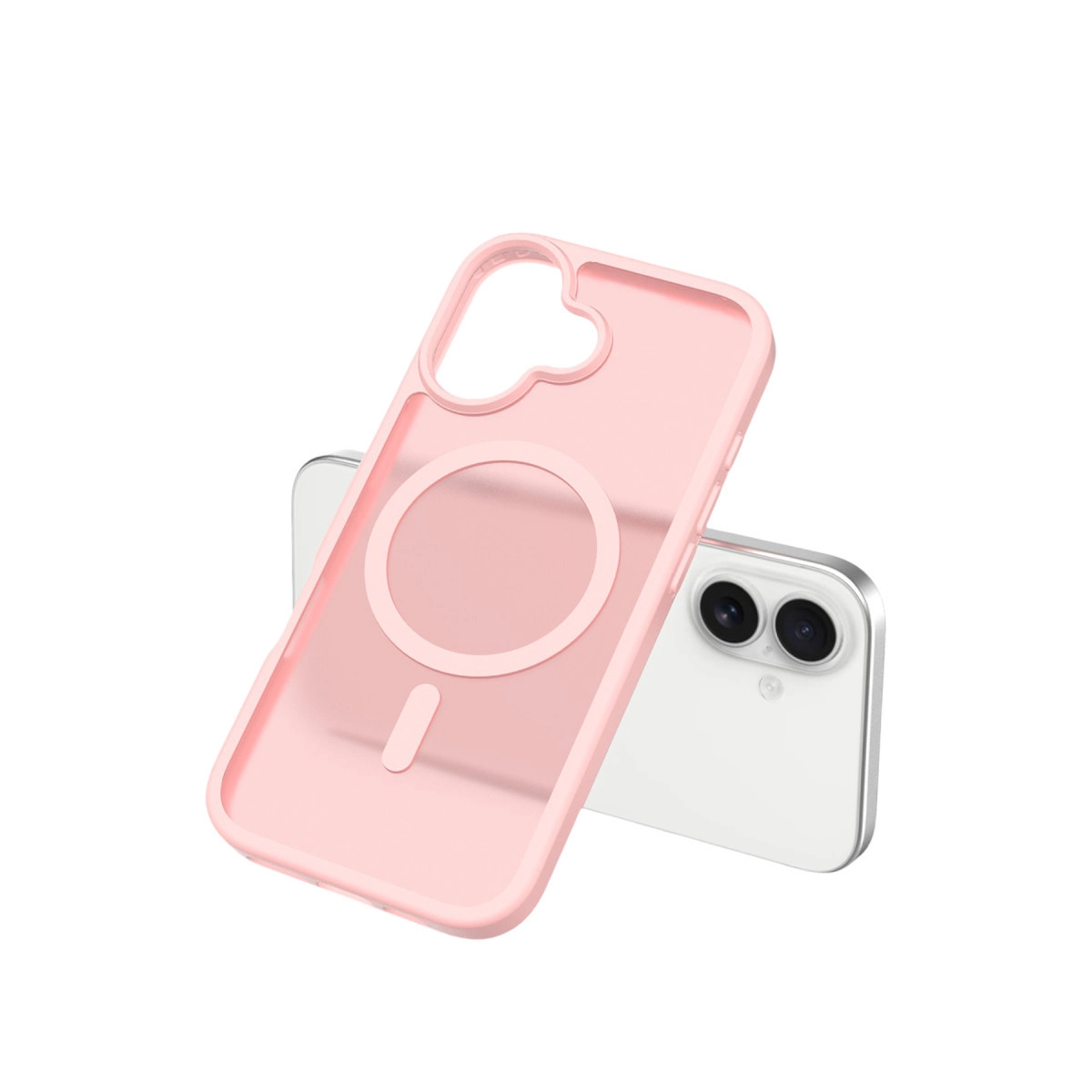 Mıknatıslı halkalı pembe telefon kılıfı beyaz bir telefonun üzerinde duruyor.
