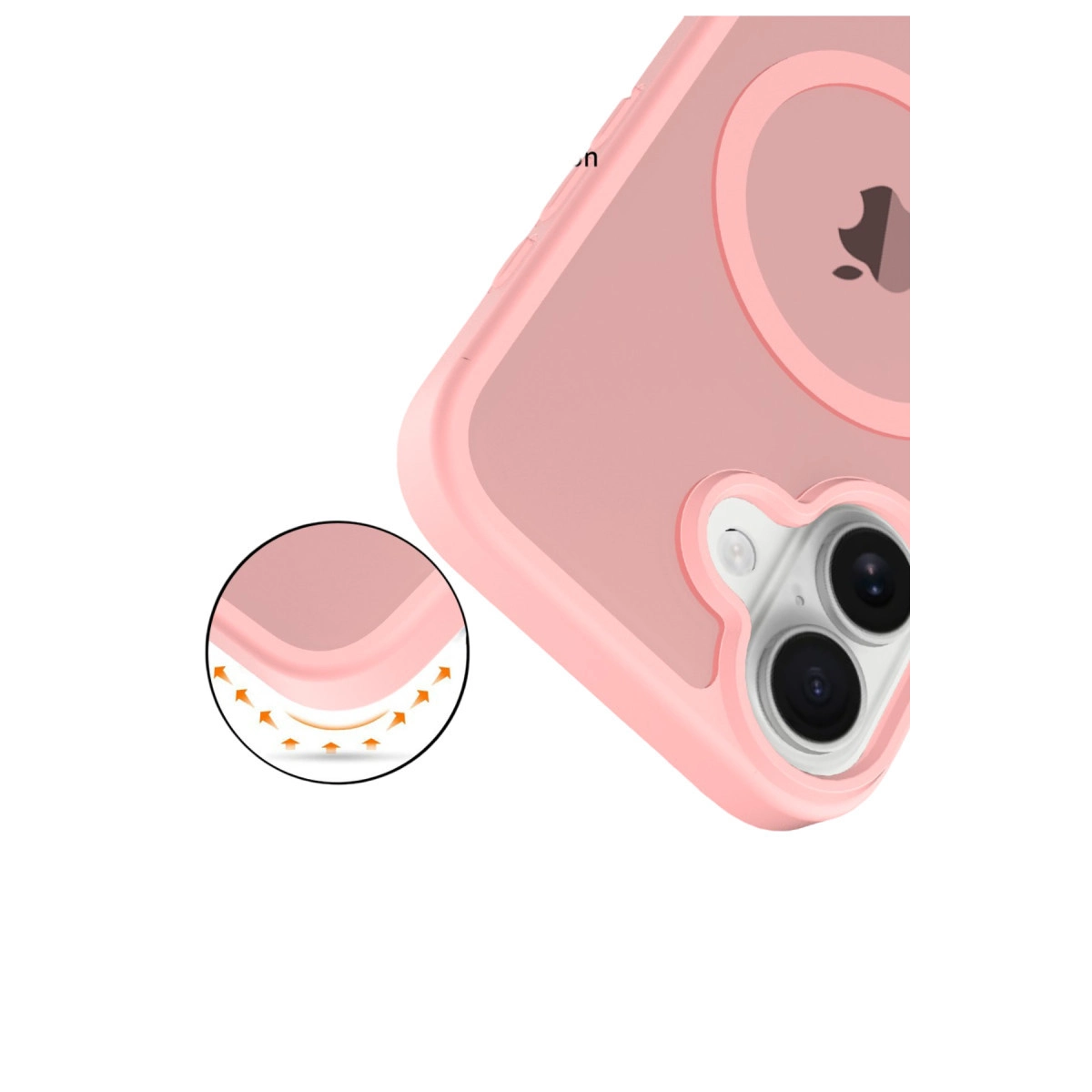 Kamera lensleri ve Apple logosu olan pembe iPhone kılıfı. Darbe emiliminin yakın çekimi.