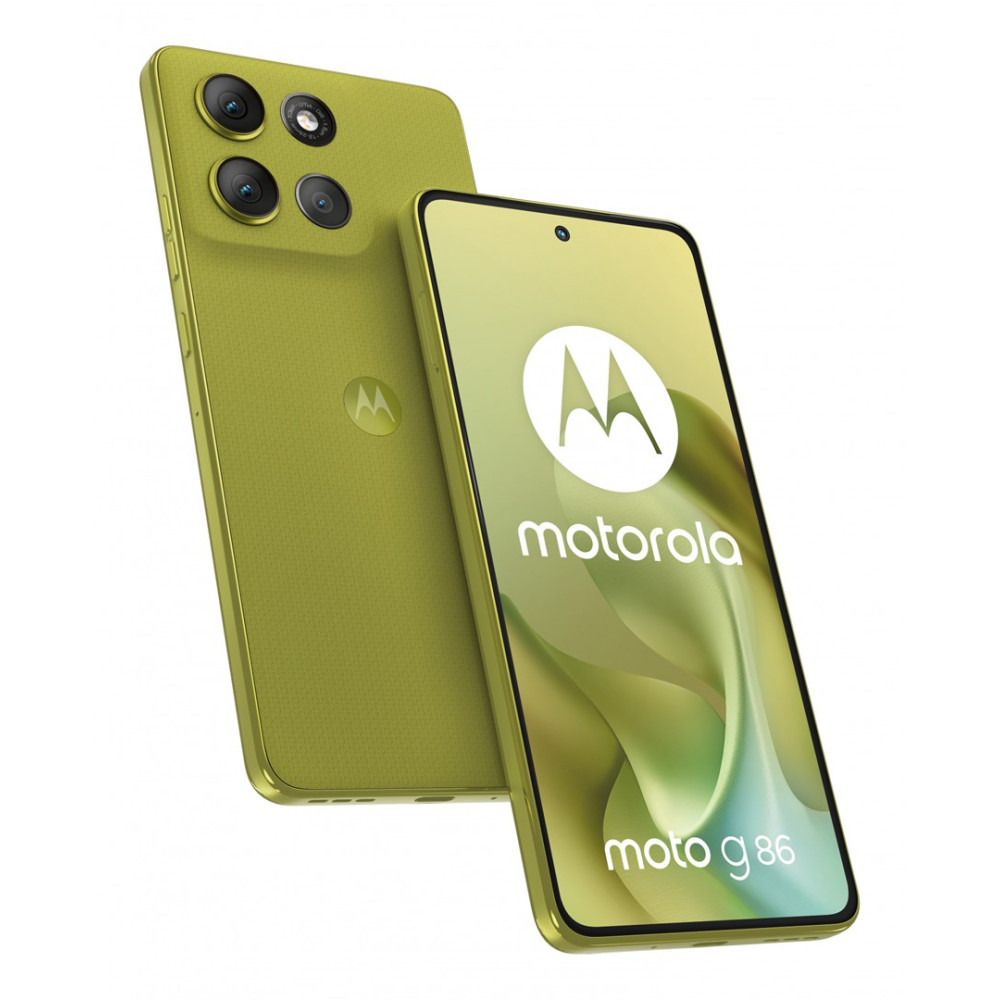 Limonkowo-zielony smartfon Motorola Moto G86 z poczwórnym aparatem z tyłu.