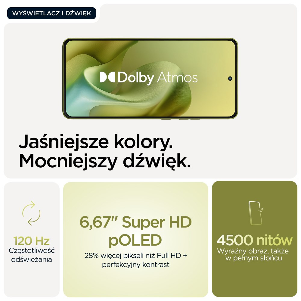 Wyświetlacz smartfona z Dolby Atmos, 120 Hz, 6,67" Super HD pOLED, 4500 nitów.