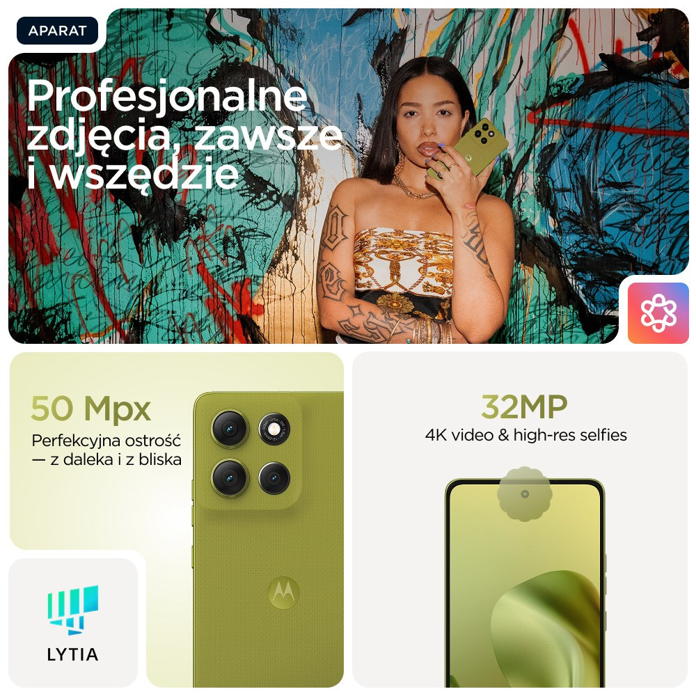Kobieta z telefonem przed graffiti; tył telefonu 50 MP, przód 32 MP.
