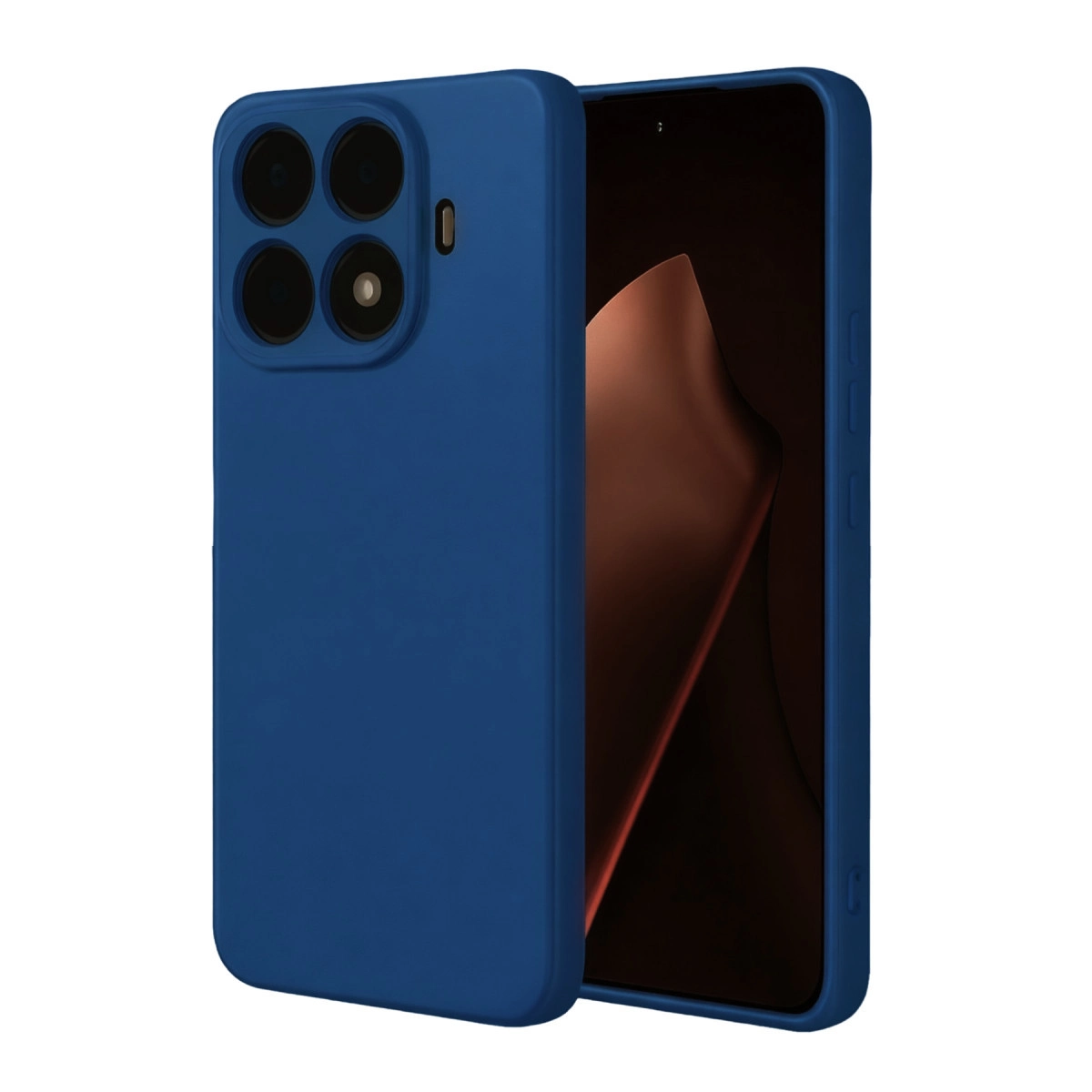 Dört kameralı mavi telefon ve koyu renkli ekran.