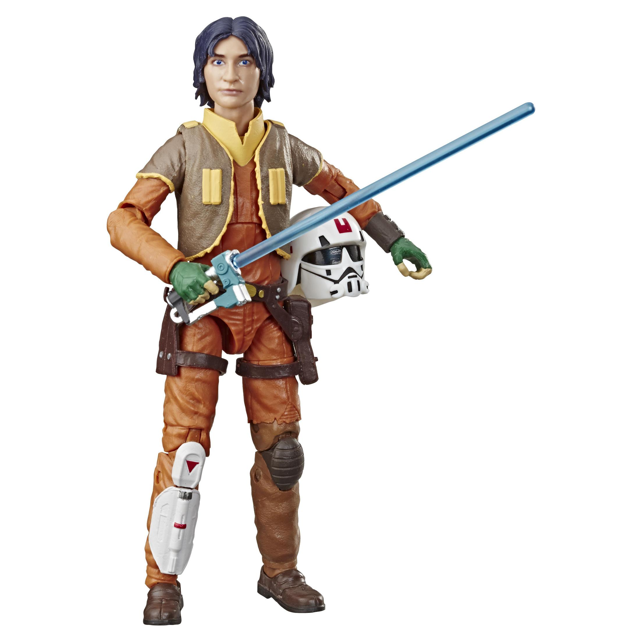 Eine Actionfigur mit blauem Lichtschwert und Helm, trägt orangefarbene Kleidung.