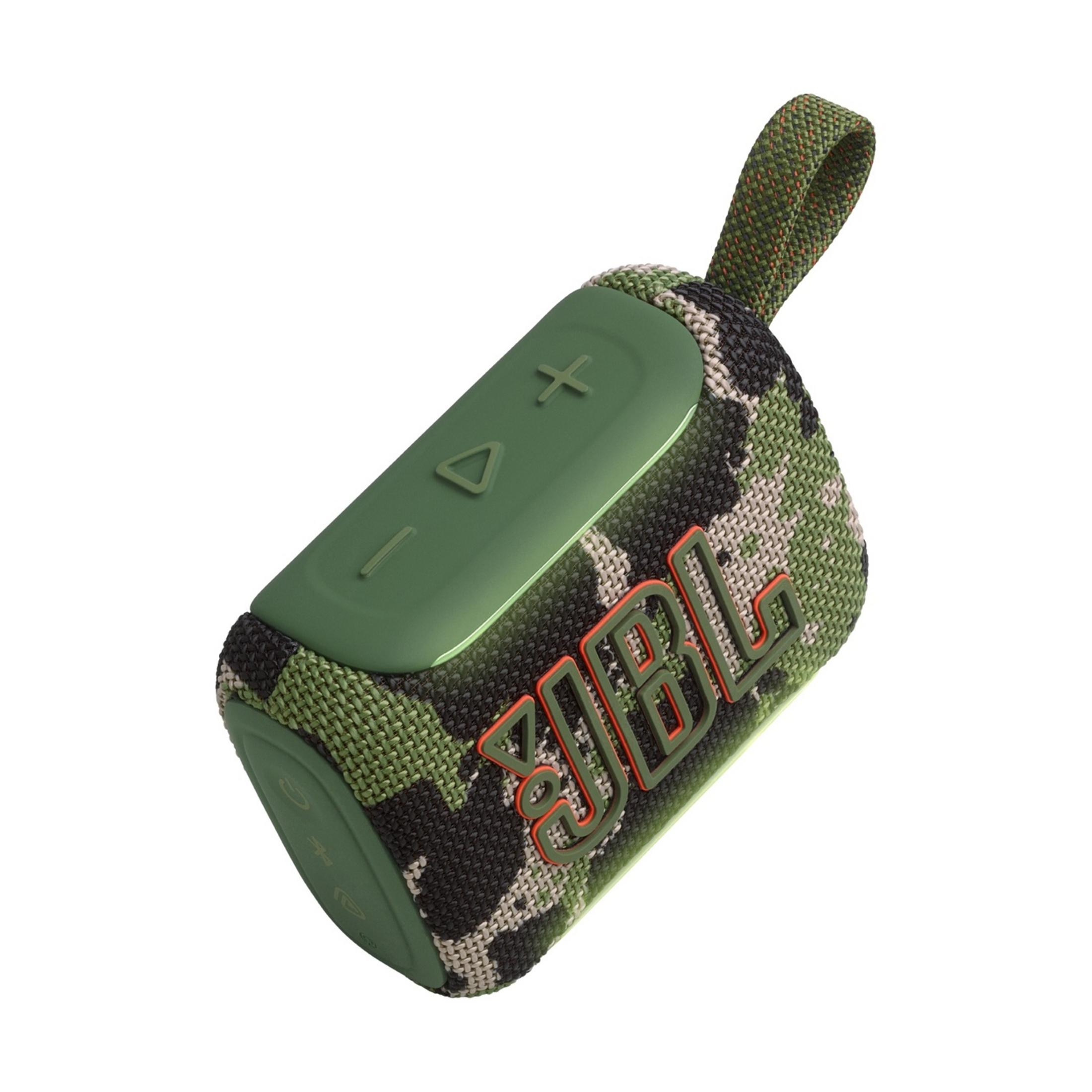 Altoparlante JBL verde mimetico con laccetto per il trasporto.