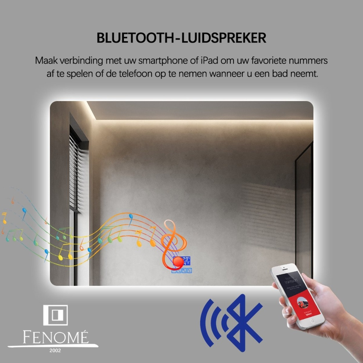 Spiegel met Bluetooth-luidspreker, muzieknoten en telefoon.