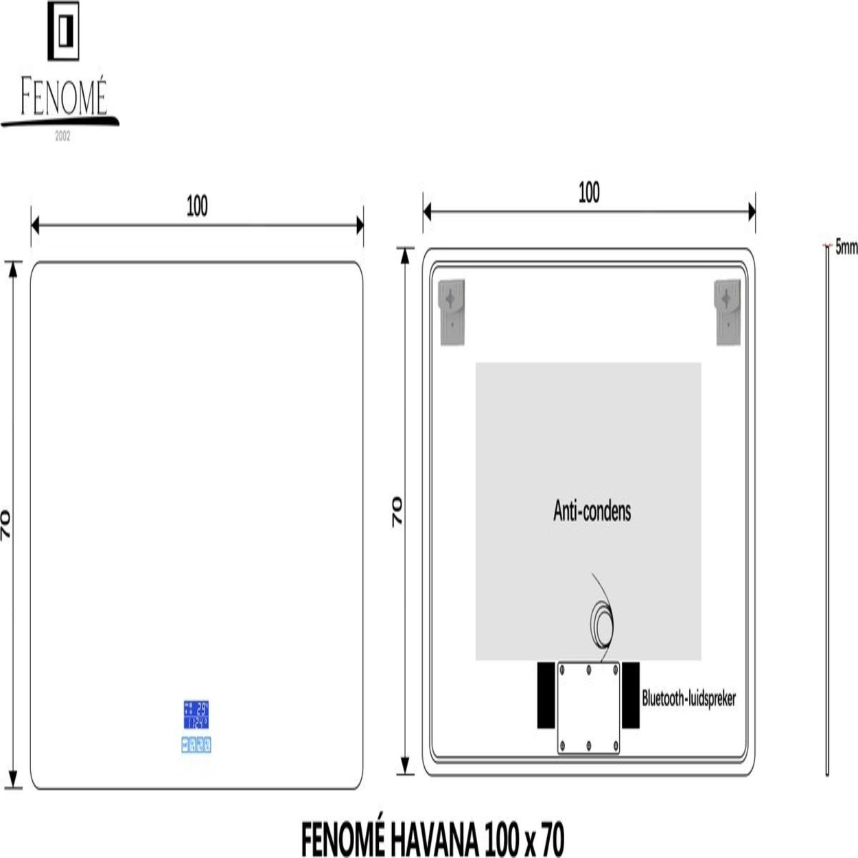Technische tekening van een verlichte spiegel 100x70cm met anti-condens en Bluetooth-luidspreker.