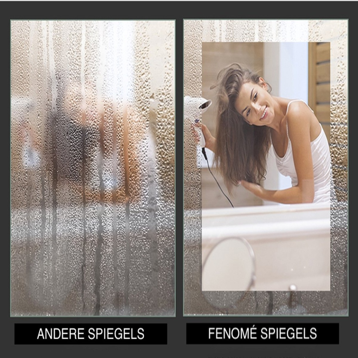 Beslagen spiegel links, vrouw droogt haar rechts.
