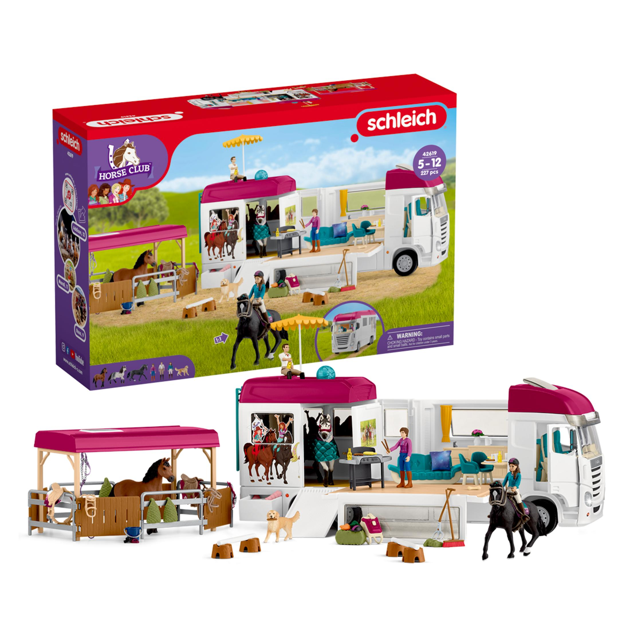 Trailer per cavalli giocattolo con cavalli, figure e accessori.