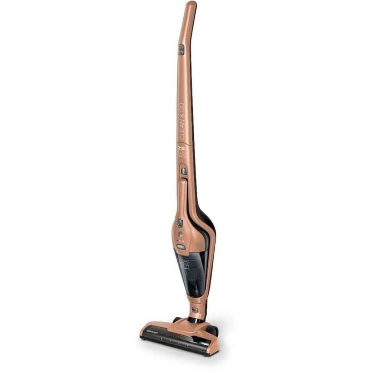 Un aspirapolvere senza fili color oro rosa con contenitore polvere nero su sfondo bianco.