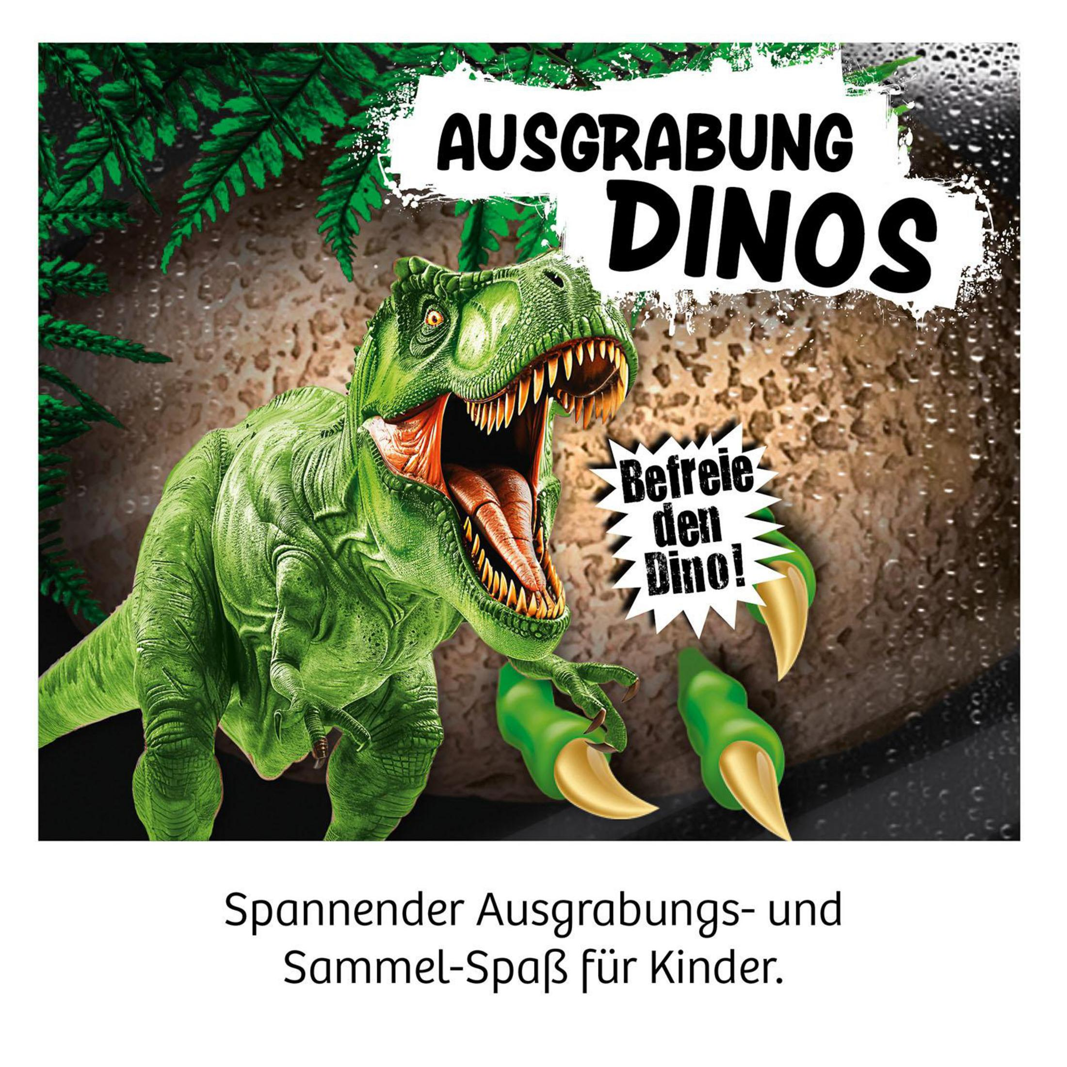 Grüner Dinosaurier brüllt mit scharfen Zähnen, Text "Ausgrabung Dinos".