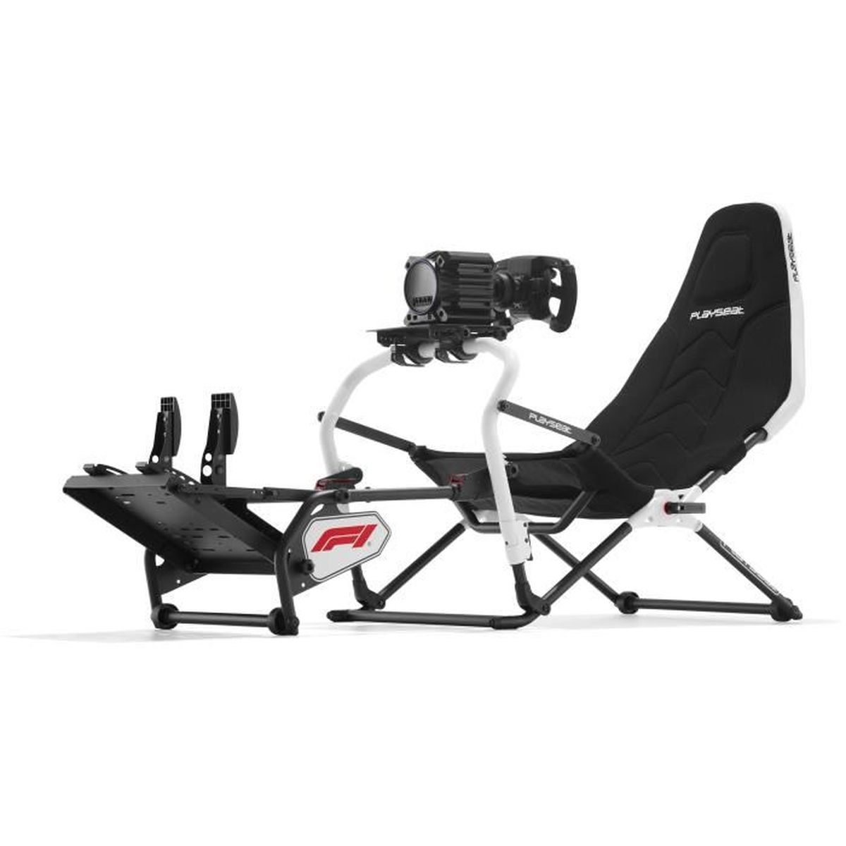 A black racing simulator seat with steering wheel and pedals on a white background.