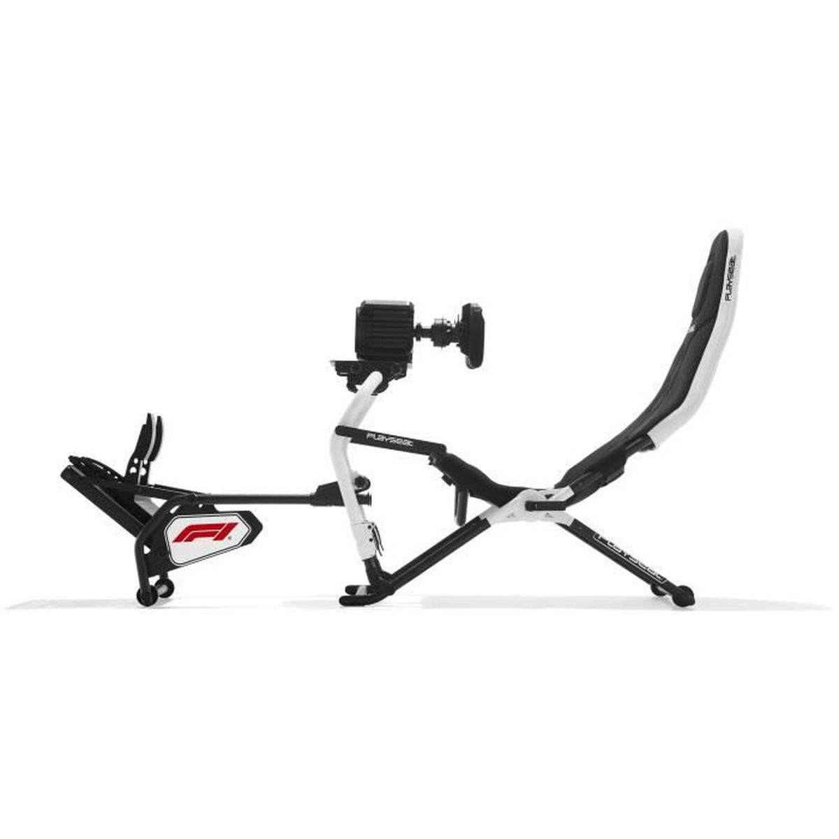 A white and black racing simulator chair with steering wheel and pedals, isolated on white.