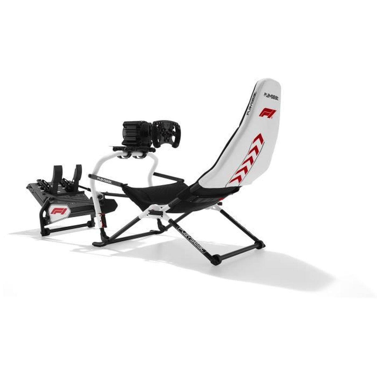 White and black racing simulator chair with F1 branding and steering wheel.