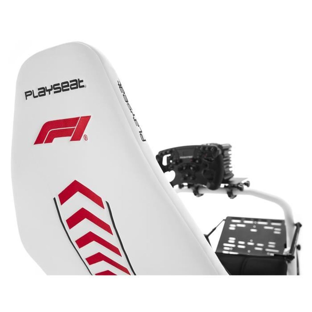 White racing game seat with F1 logo and steering wheel mount.