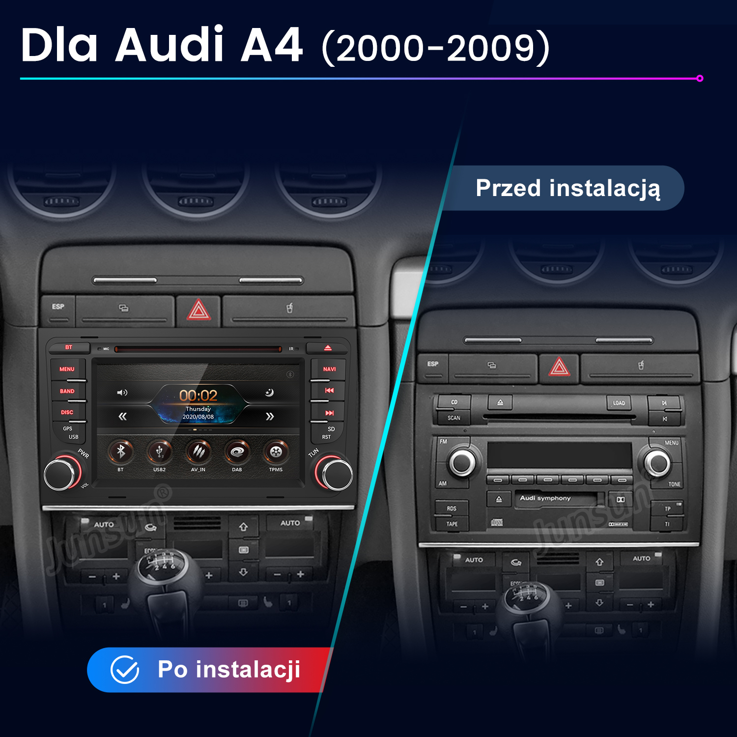 Porównanie Audi A4 przed i po instalacji systemu multimedialnego.