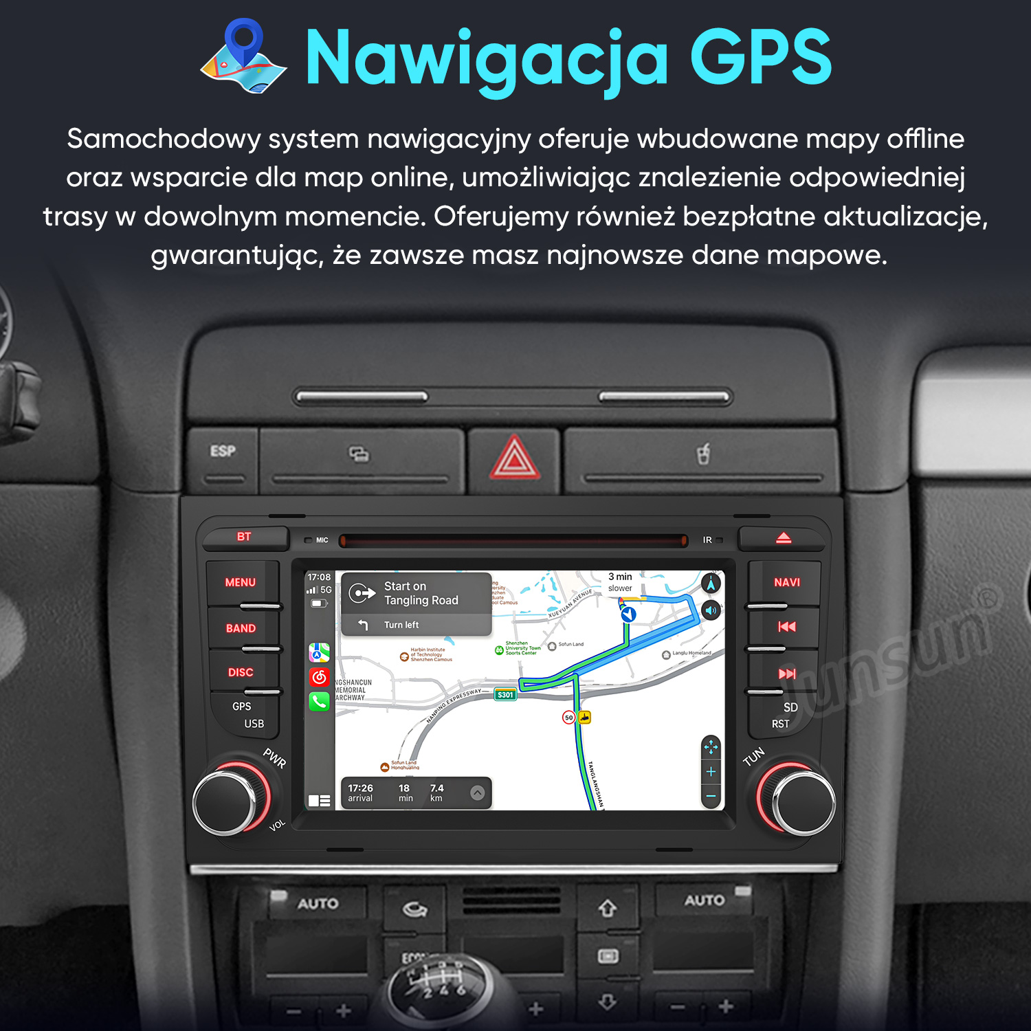 Deska rozdzielcza samochodu z systemem nawigacji GPS pokazującym trasę.