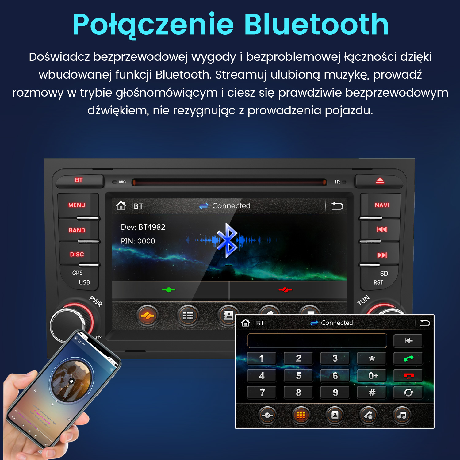 System infotainment samochodu z łącznością Bluetooth, pokazujący ekran i połączony smartfon.