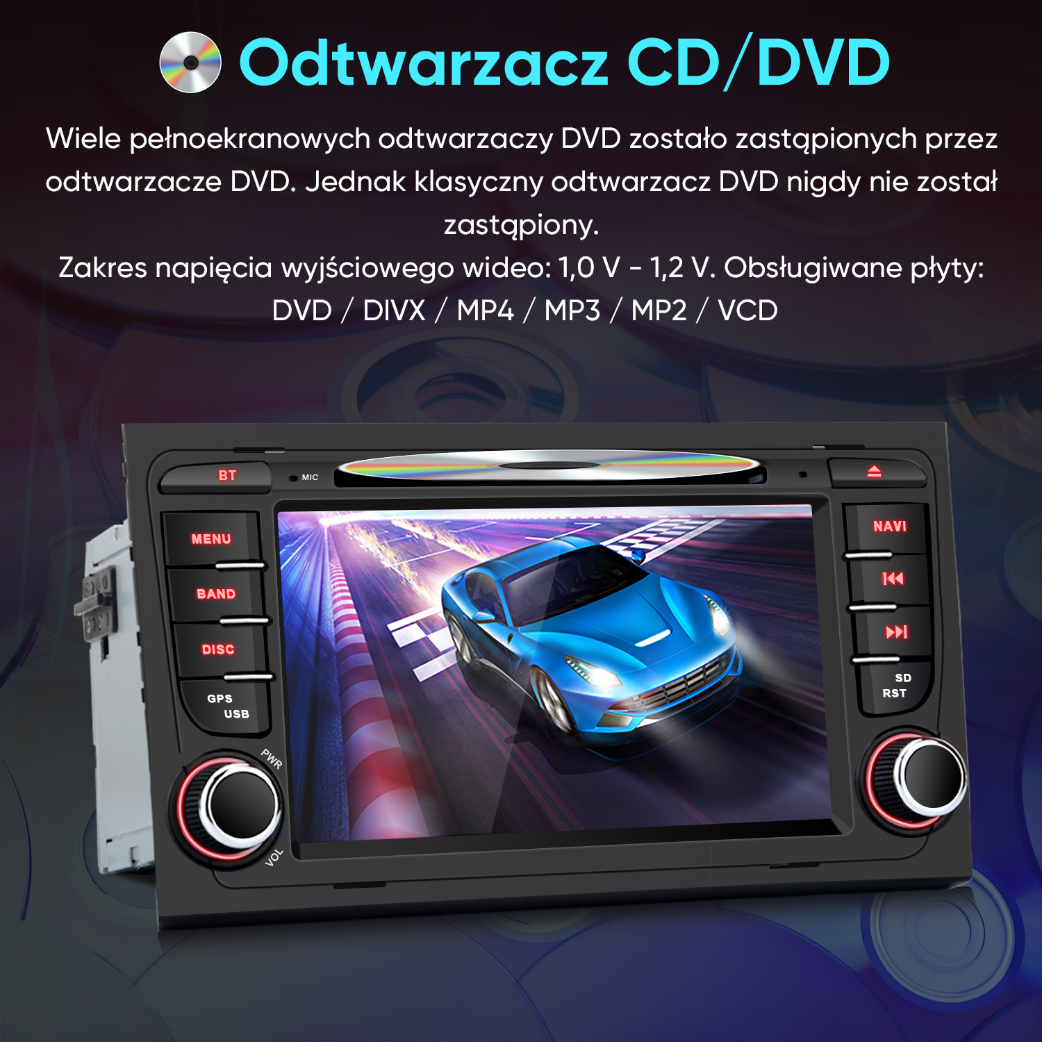 Radio samochodowe z odtwarzaczem CD/DVD wyświetlające niebieski samochód sportowy na torze.