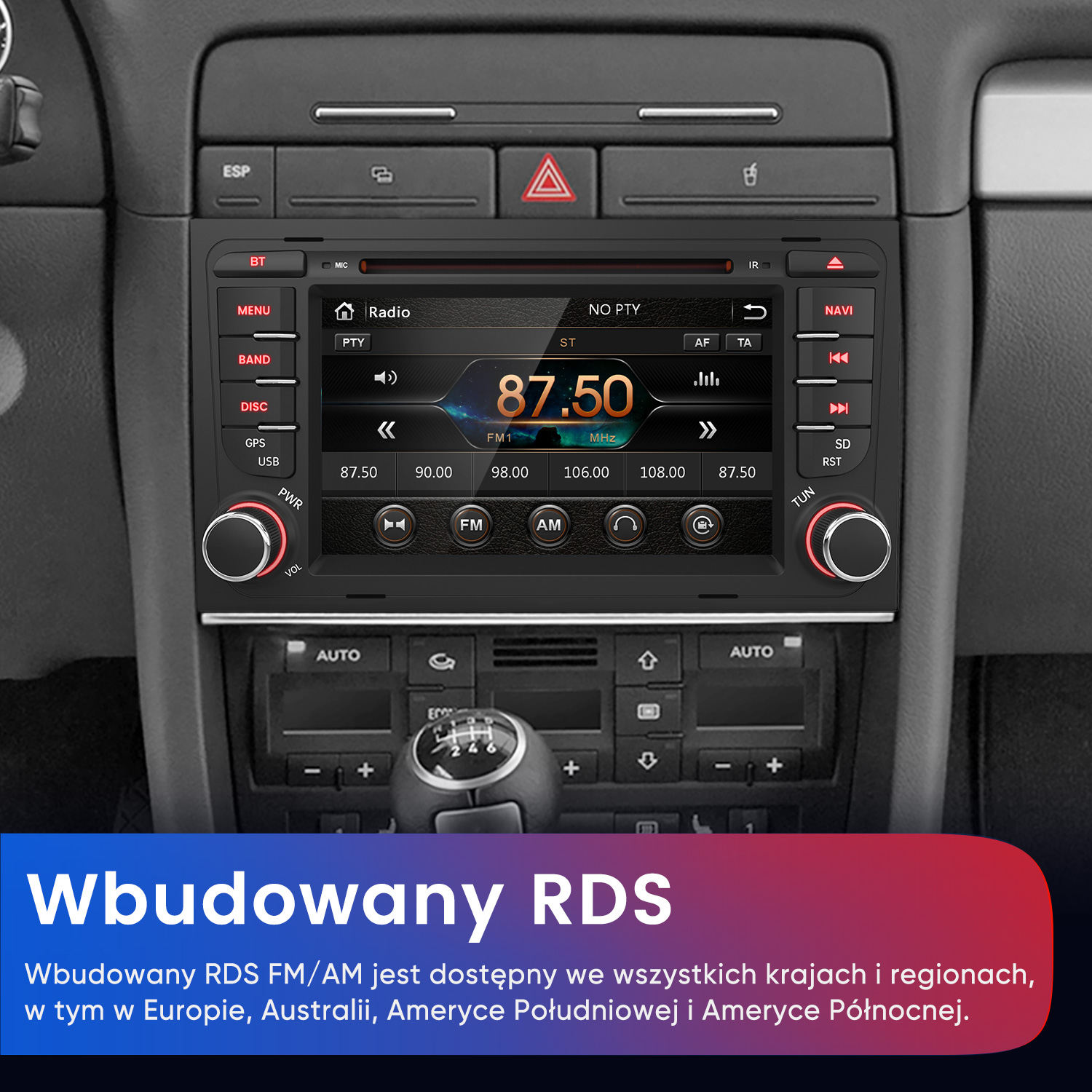 Radio samochodowe z cyfrowym ekranem pokazującym 87.50 MHz.