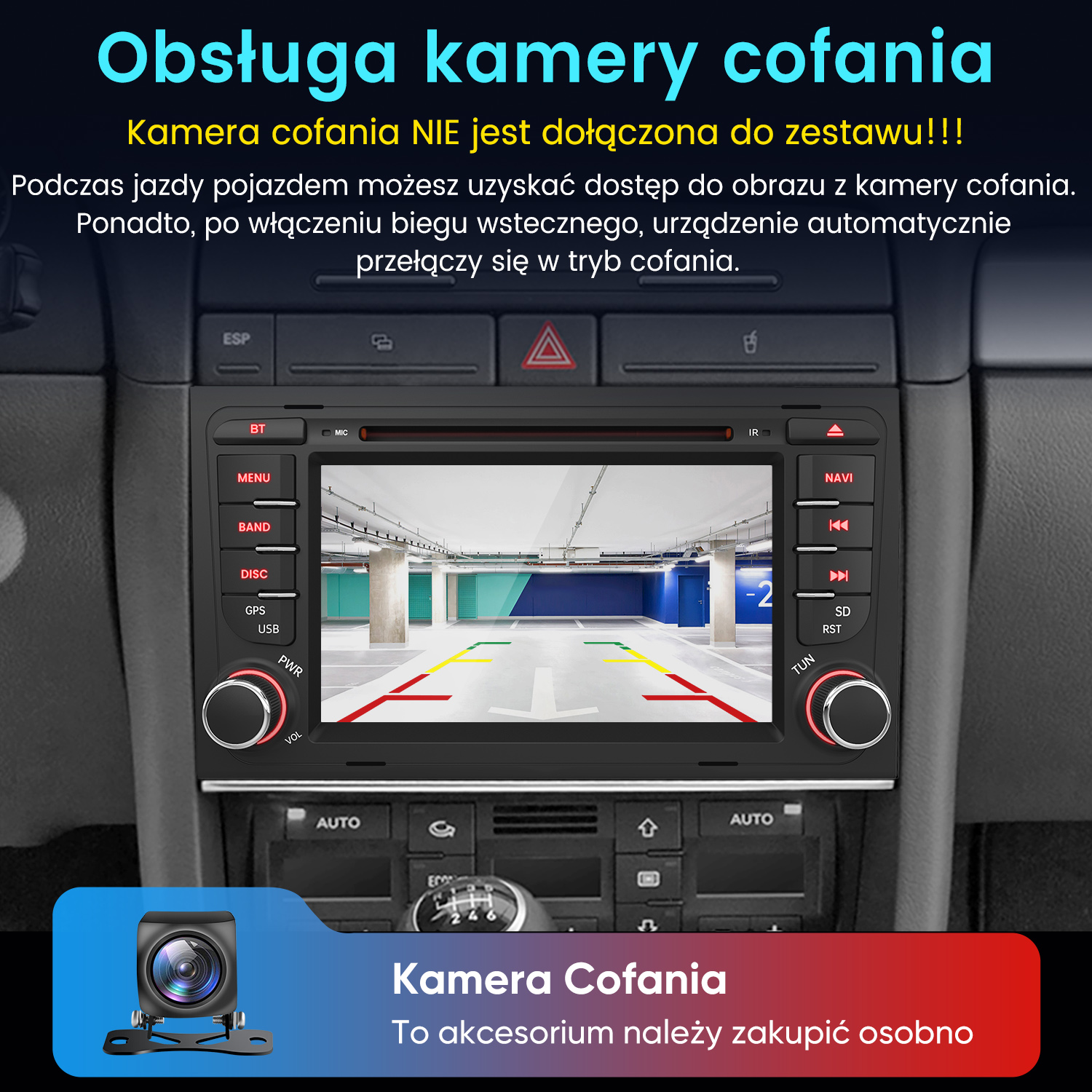 Radio samochodowe pokazuje widok parkingu z liniami pomocniczymi kamery cofania.