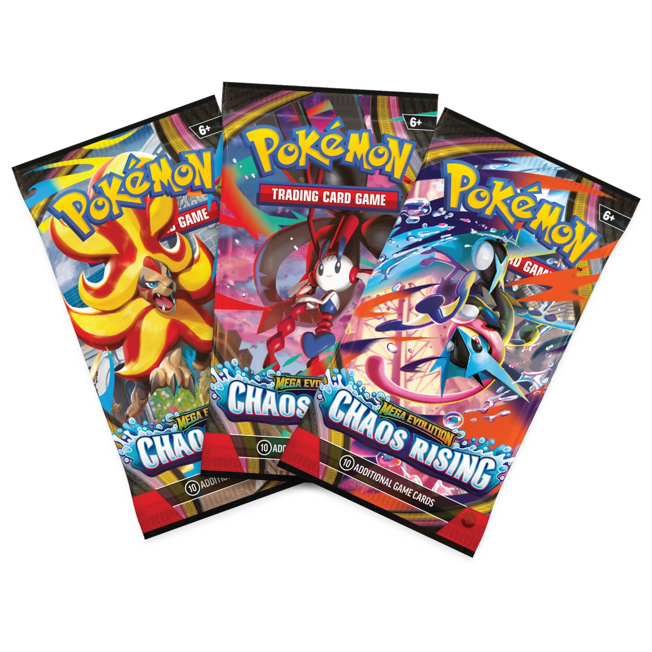 Drei Pokémon Sammelkartenspiel-Erweiterungspakete mit unterschiedlichen Pokémon-Grafiken.