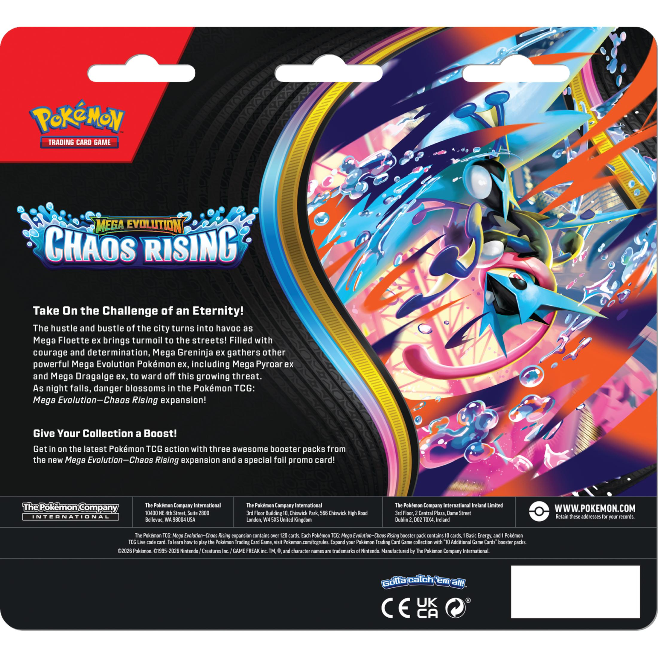 Pokemon TCG Chaos Rising Packungsdesign mit Mega Glurak ex und energiegeladenem Hintergrund.
