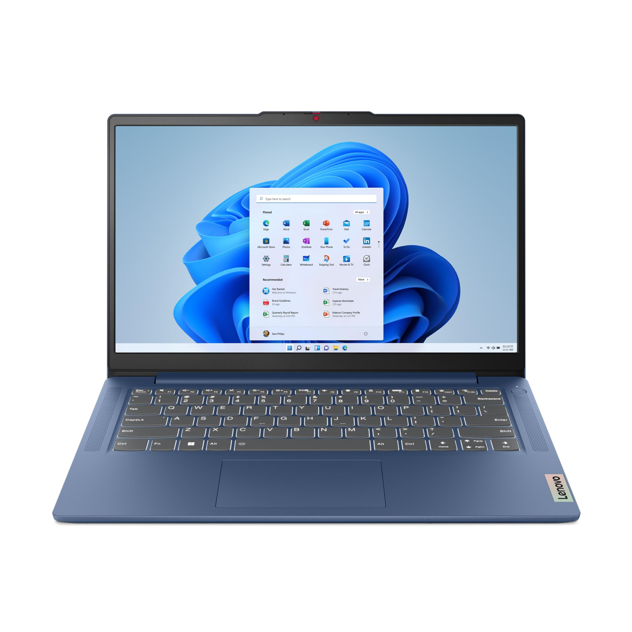 Ein blaues Lenovo Laptop mit Windows 11 Startmenü geöffnet.
