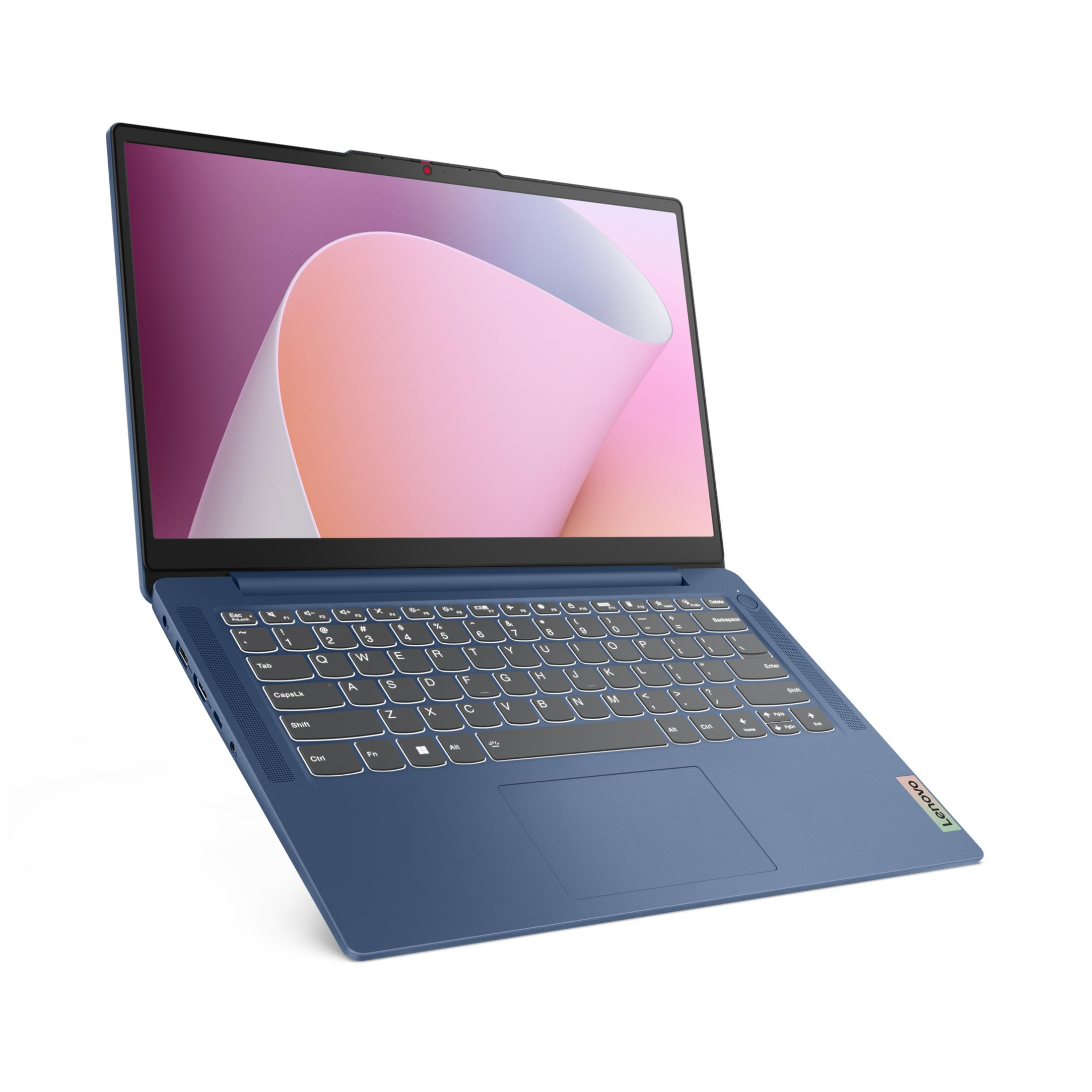 Ein blauer Laptop mit einem Tastatur und Bildschirm auf weißem Hintergrund.