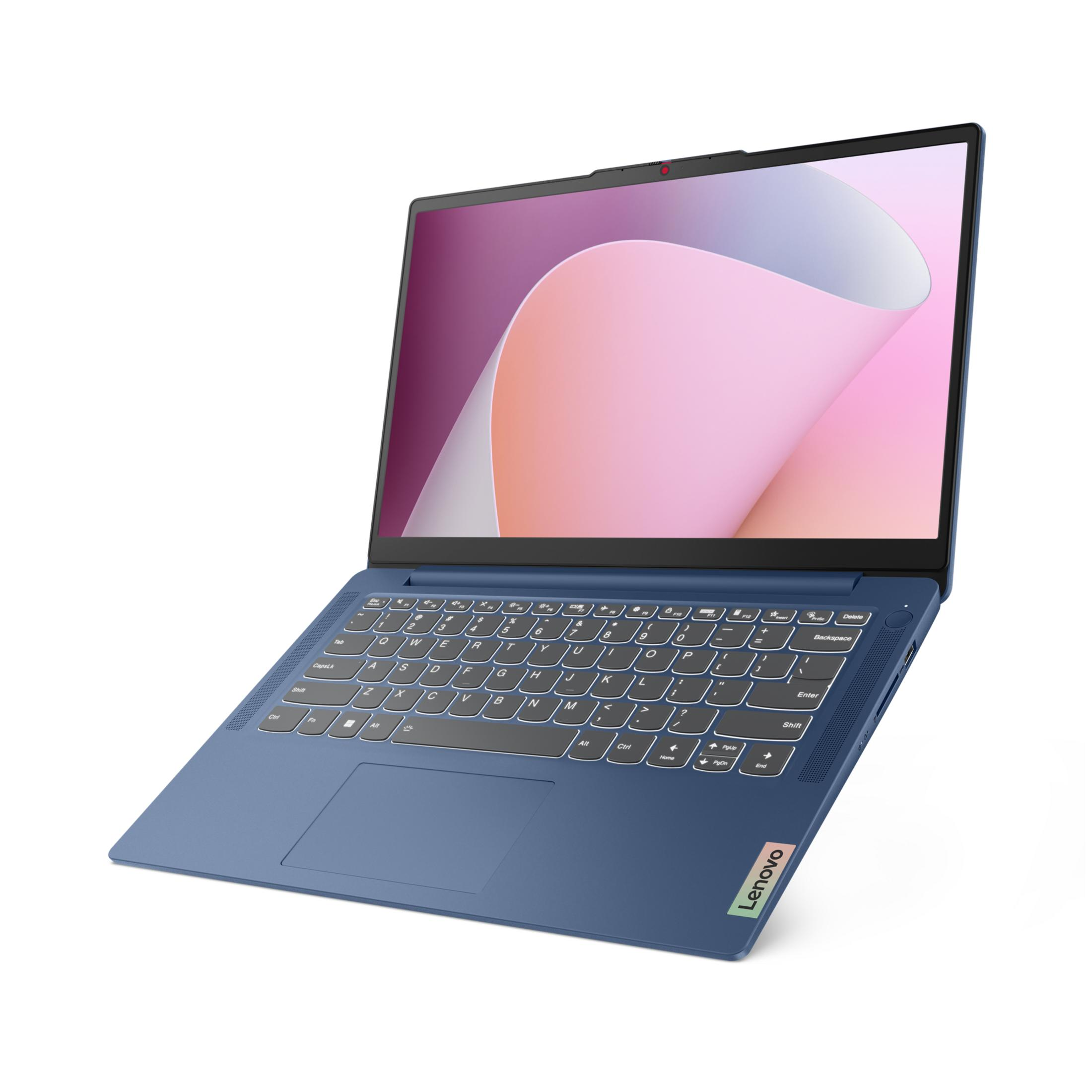 Ein blauer Lenovo Laptop mit beleuchteter Tastatur und einem rosa-violetten Hintergrund.