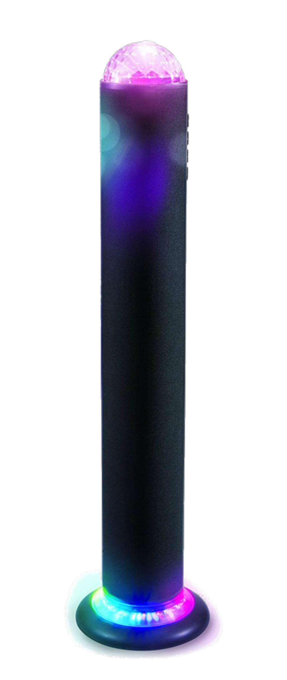 Ein schwarzer, zylindrischer Lautsprecher mit einer Disco-Kugel-Lampe oben und bunten Lichtern unten.