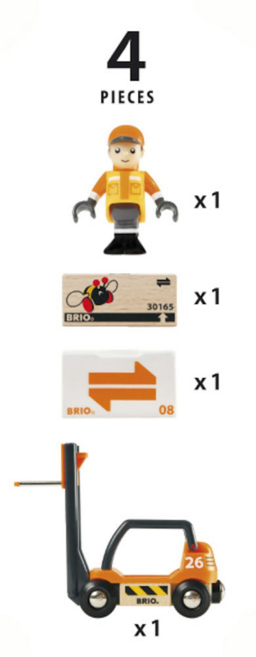 Ein Bauarbeiter, eine Kiste, ein Schild und ein Gabelstapler, alle aus Holz.