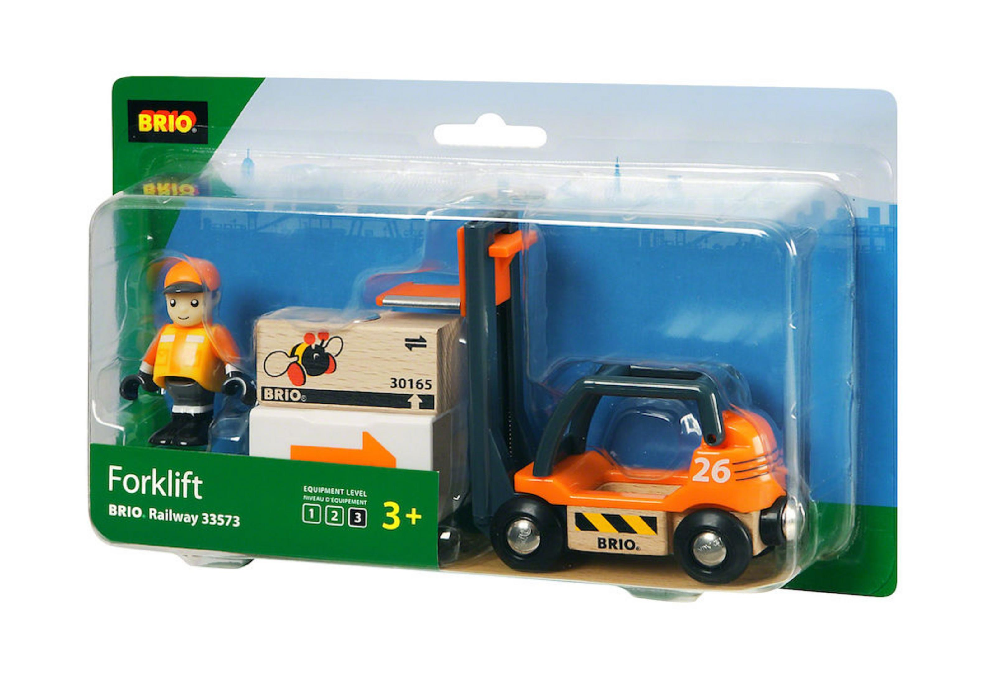 BRIO Holz-Gabelstapler-Set mit Figur, Kiste und Gabelstapler.