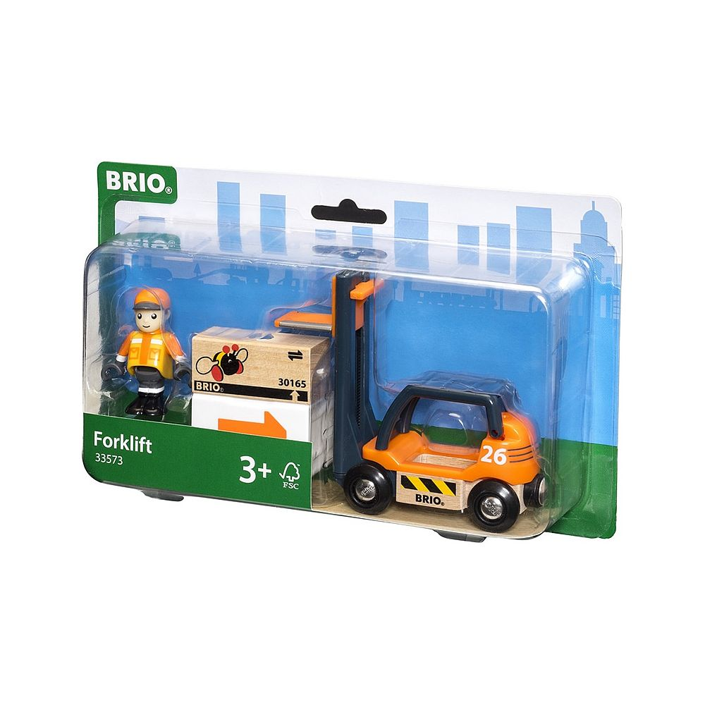 BRIO Gabelstapler Spielzeug mit Arbeiter, Kiste und orange Gabelstapler in Verpackung.